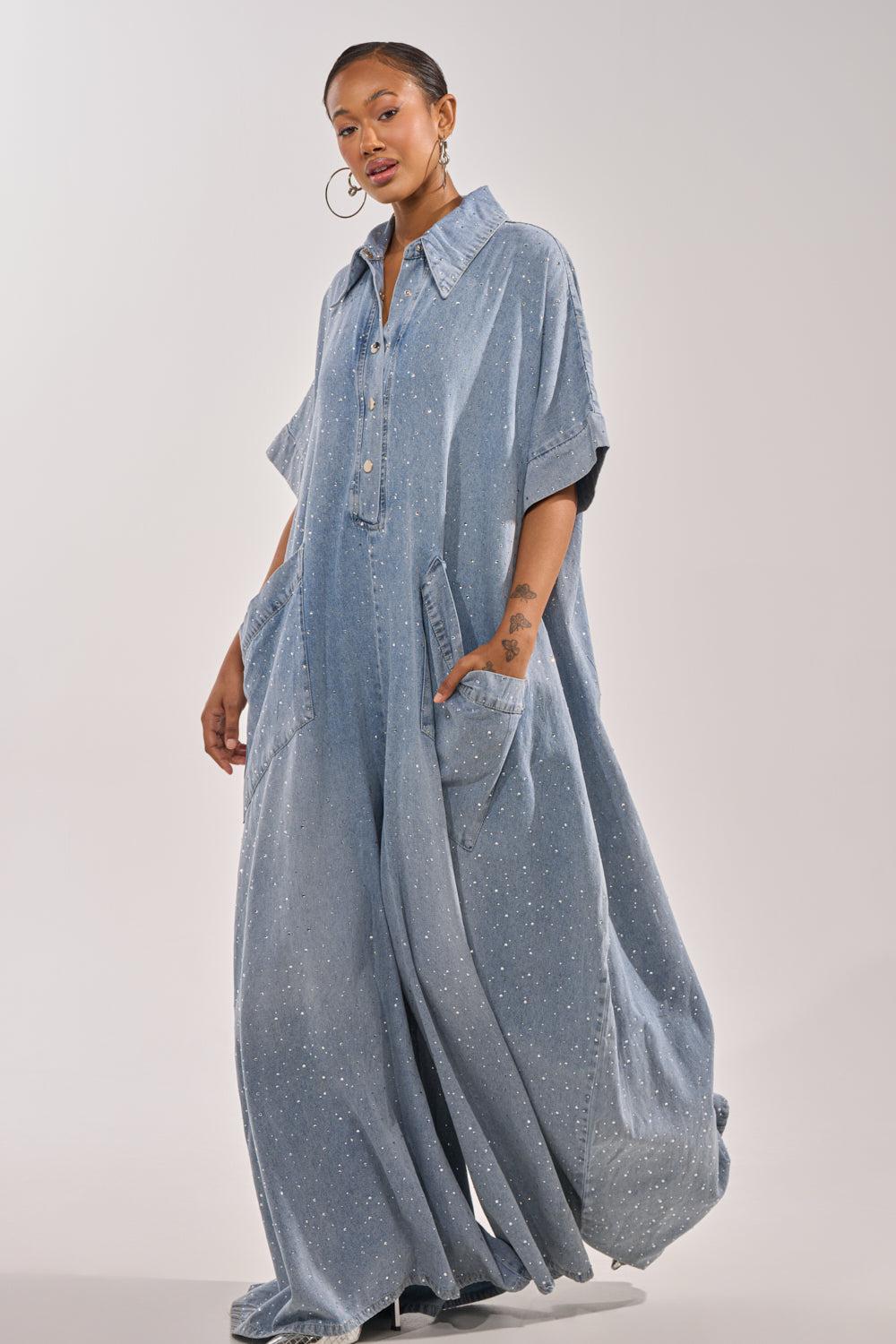 GINA DENIM RHINESTONE JUMPSUIT Product Image