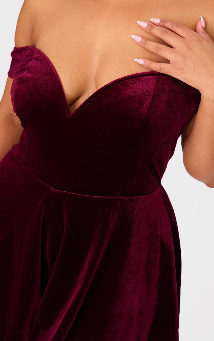 Plus Cherry Red Velvet Bardot Sweetheart Neckline Floaty Romper Product Image