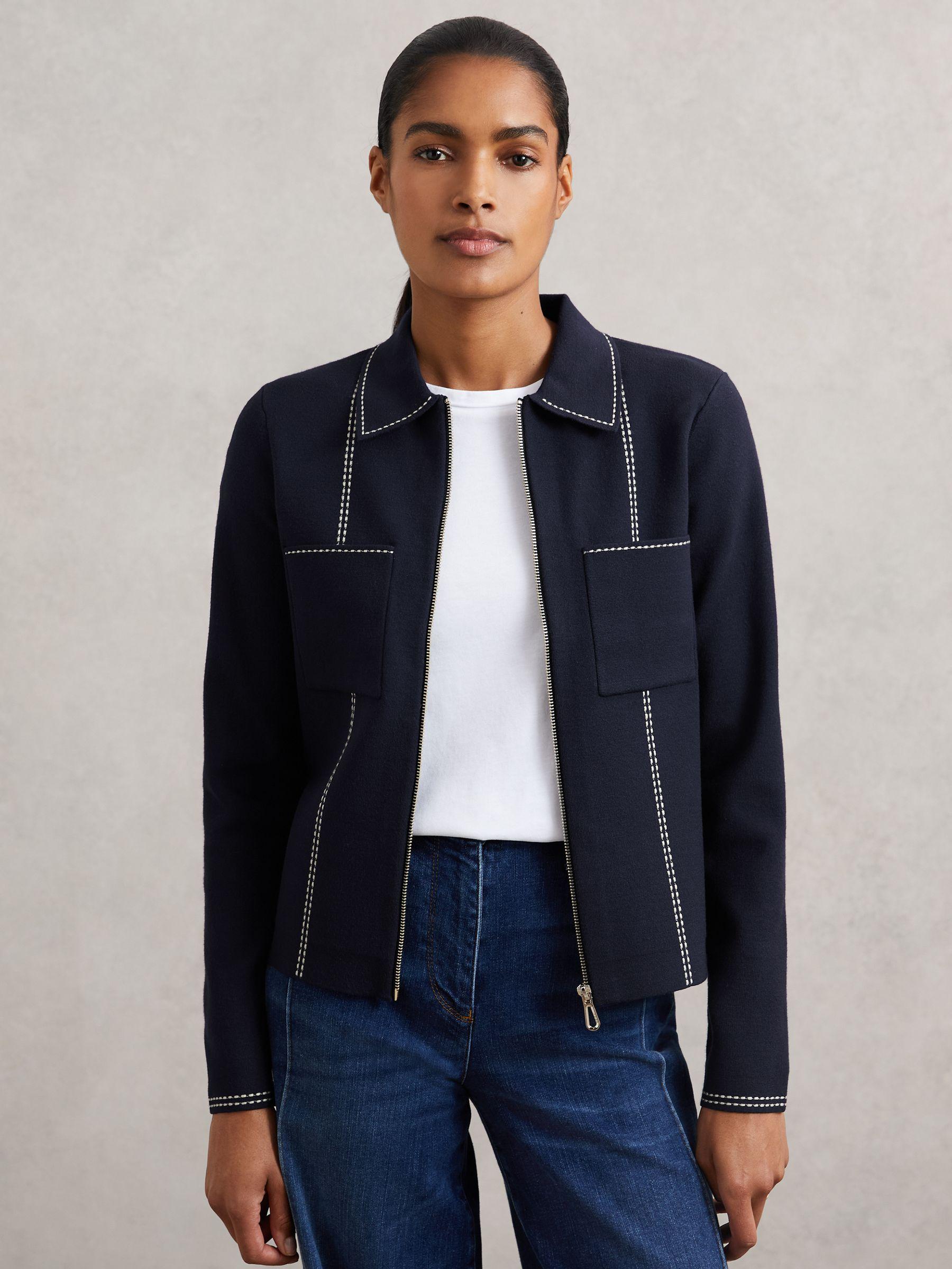 Stitch-Detail Zip-Through Cardigan in Navy Product Image