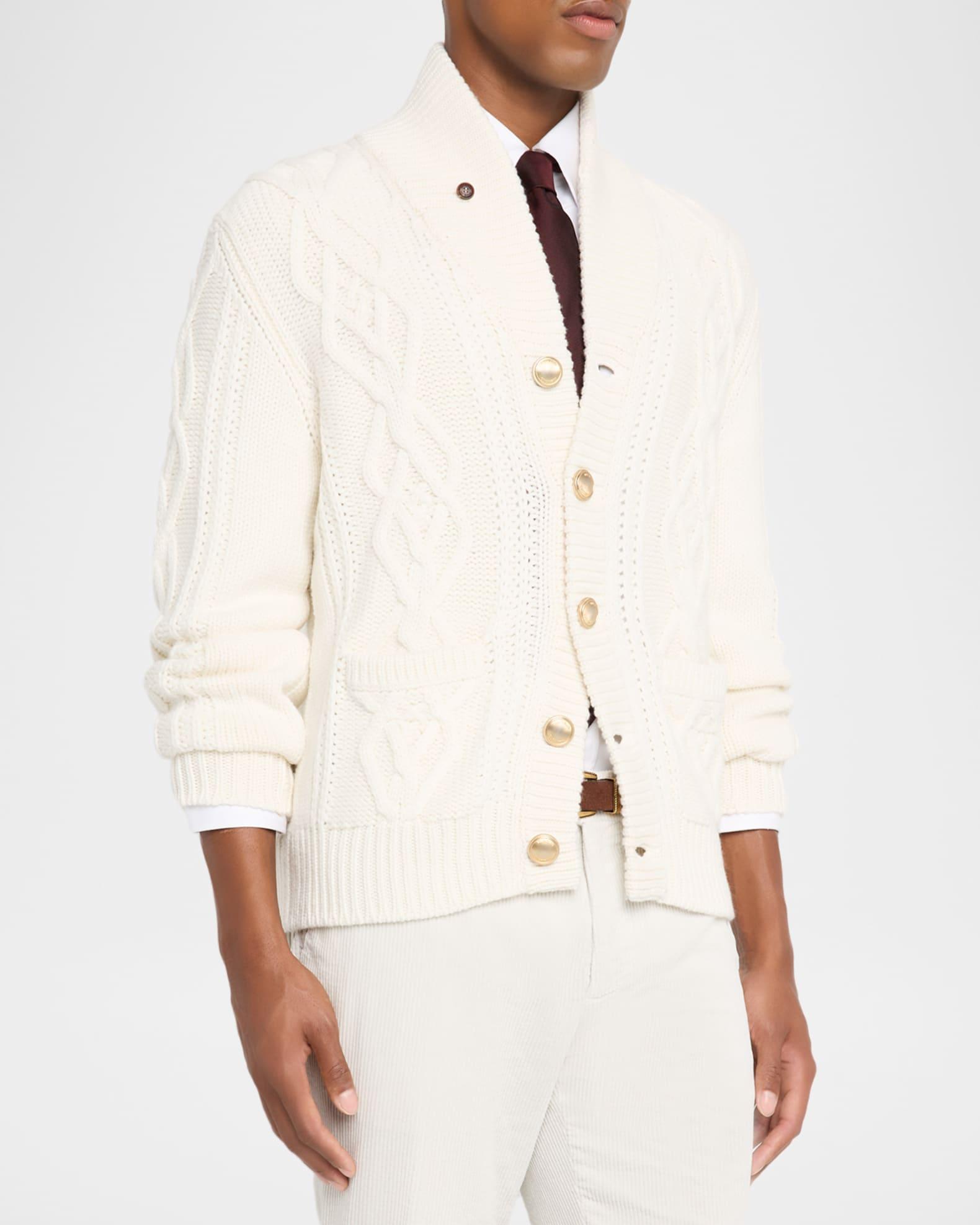 Men's Cashmere Cable Knit Shawl Collar Cardigan with Metal Buttons Product Image