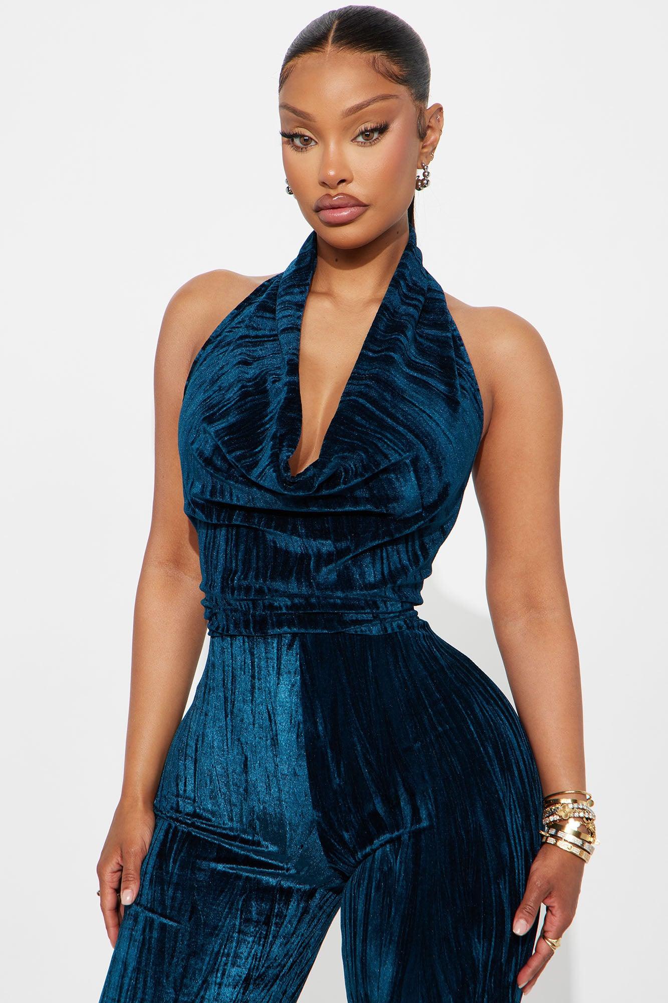 Leah Velvet Halter Flare Leg Jumpsuit - Teal Female Product Image