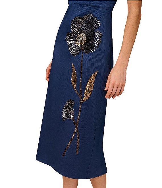 Aidan Mattox Stretch Mikado V-Neck Beaded Sheath Midi Dress Product Image