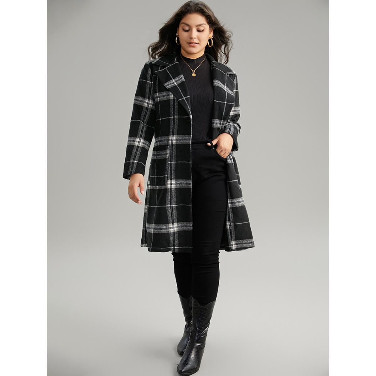 Plus Size Lapel Collar Plaid Belted Contrast Coat Women Black Casual Belted Ladies Dailywear Winter Coats BloomChic 22-24/3X Product Image