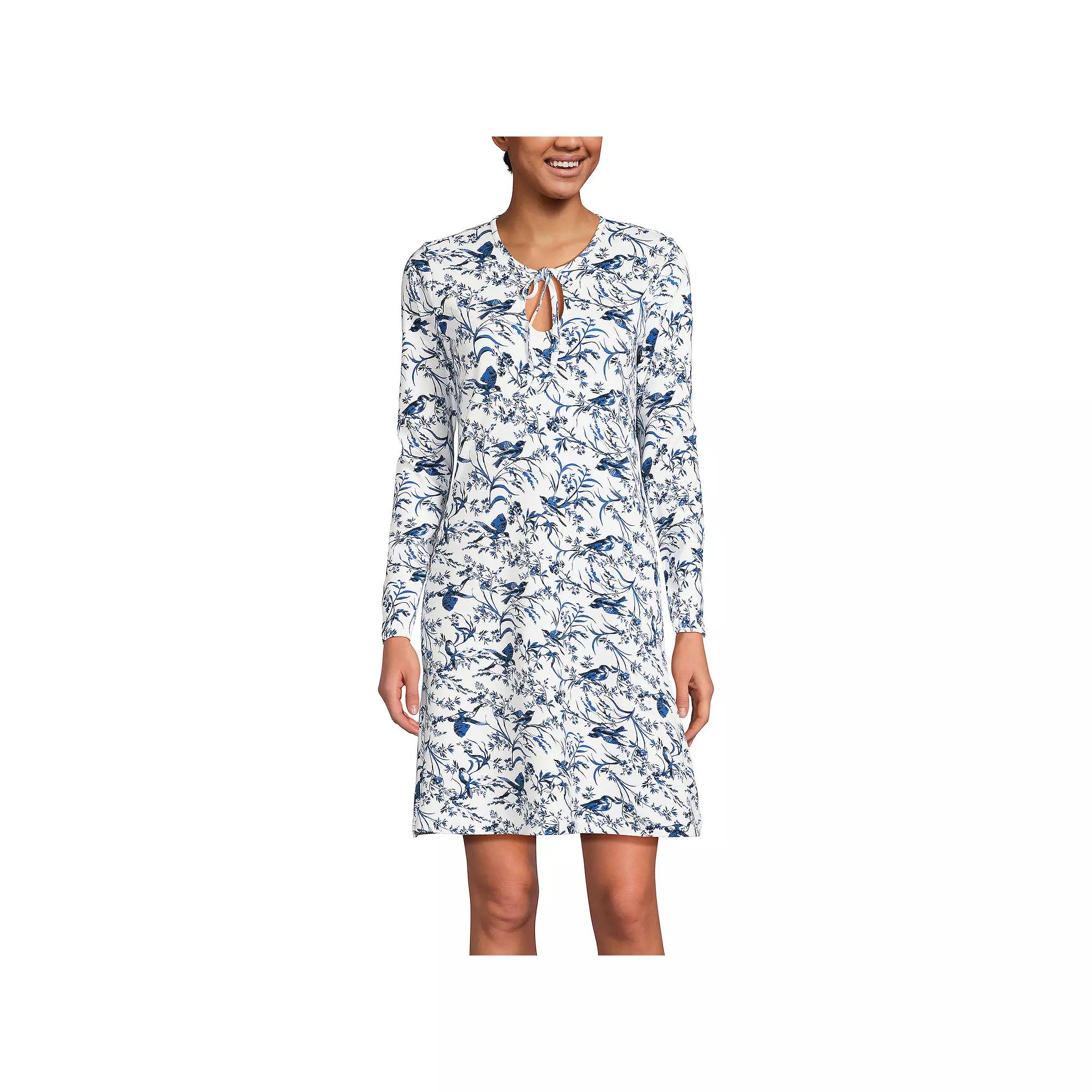 Women's Lands' End Cotton Interlock Long Sleeve Nightgown, Size: XL, Soft Green Bird Song Product Image