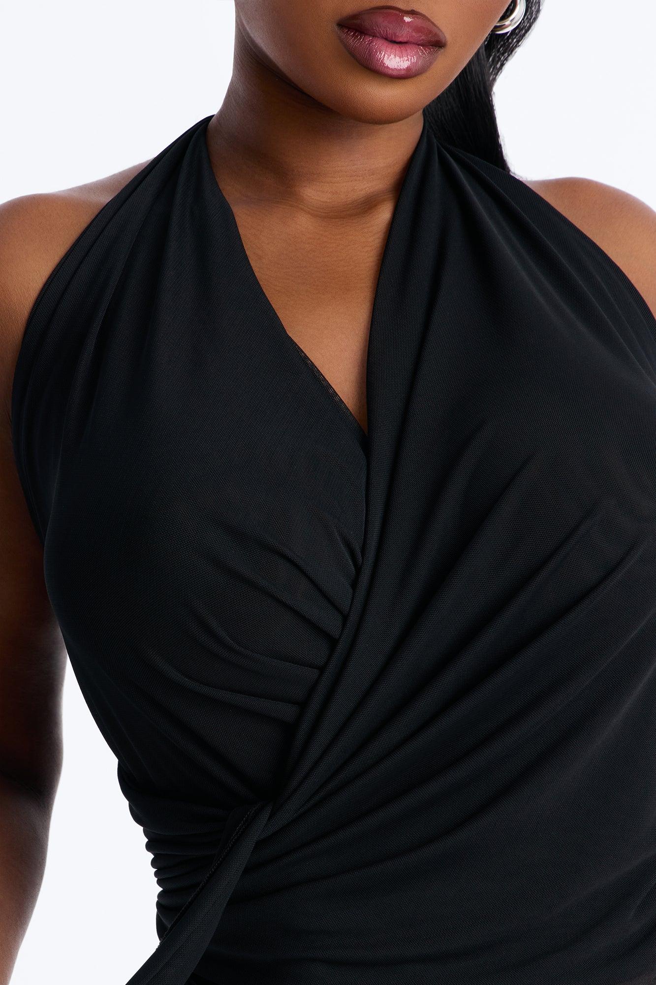 On Your Mind Mesh Draped Backless Halter Top - Black Female Product Image