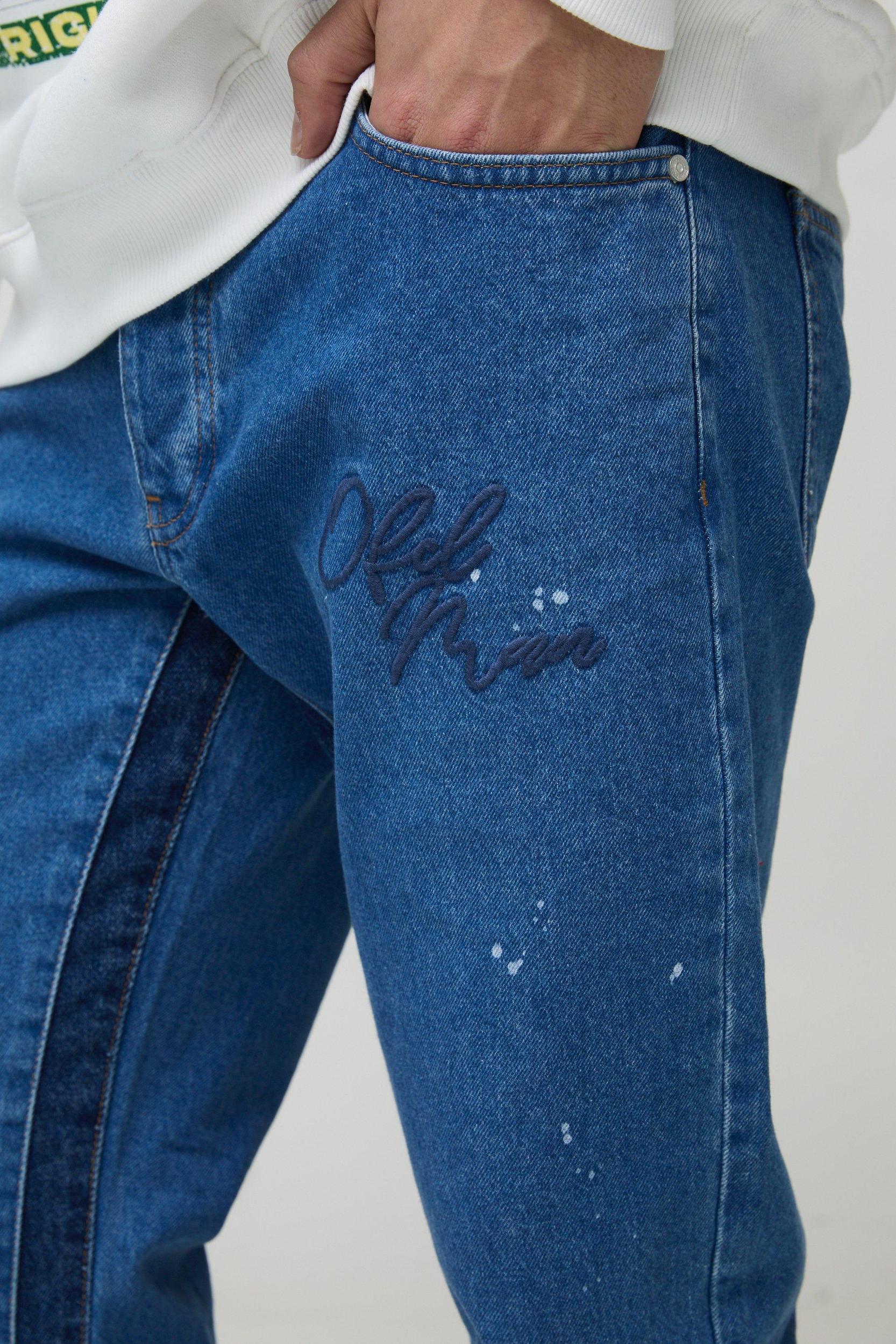 Slim Rigid Flare Embroidery Paint Splatter Gusset Denim Jeans | boohooMAN USA Product Image