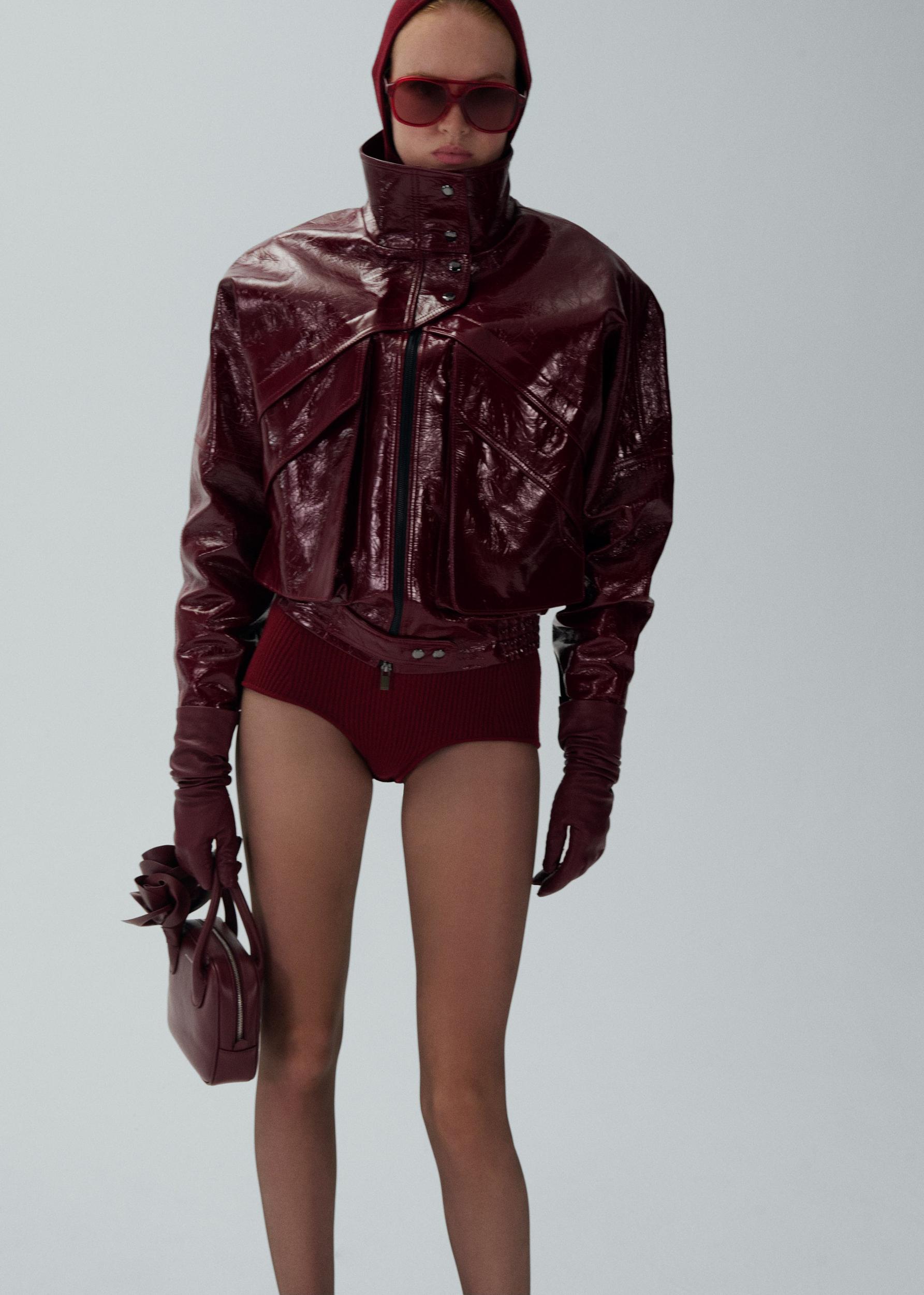Vintage patent leather bomber jacket in bordeaux Product Image