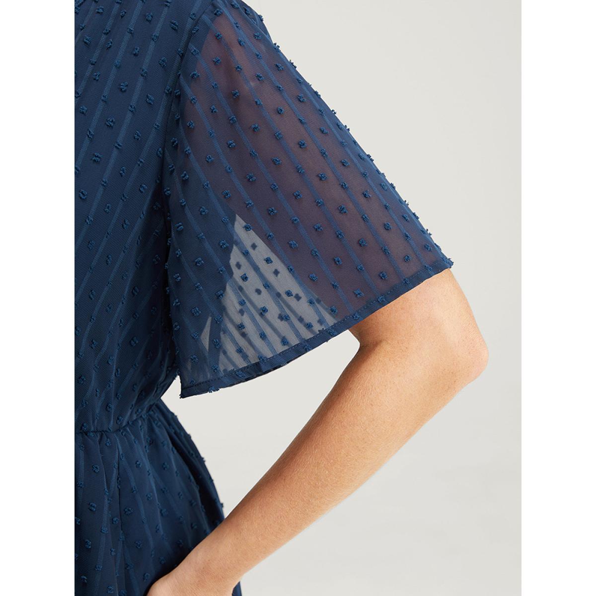 Plus Size Polka Dot Mesh Ruffle Sleeve Lace Trim Pocket Belted Dress Navy Women Elegant See through V-neck Short sleeve Curvy Midi Dress BloomChic 28/5X Product Image