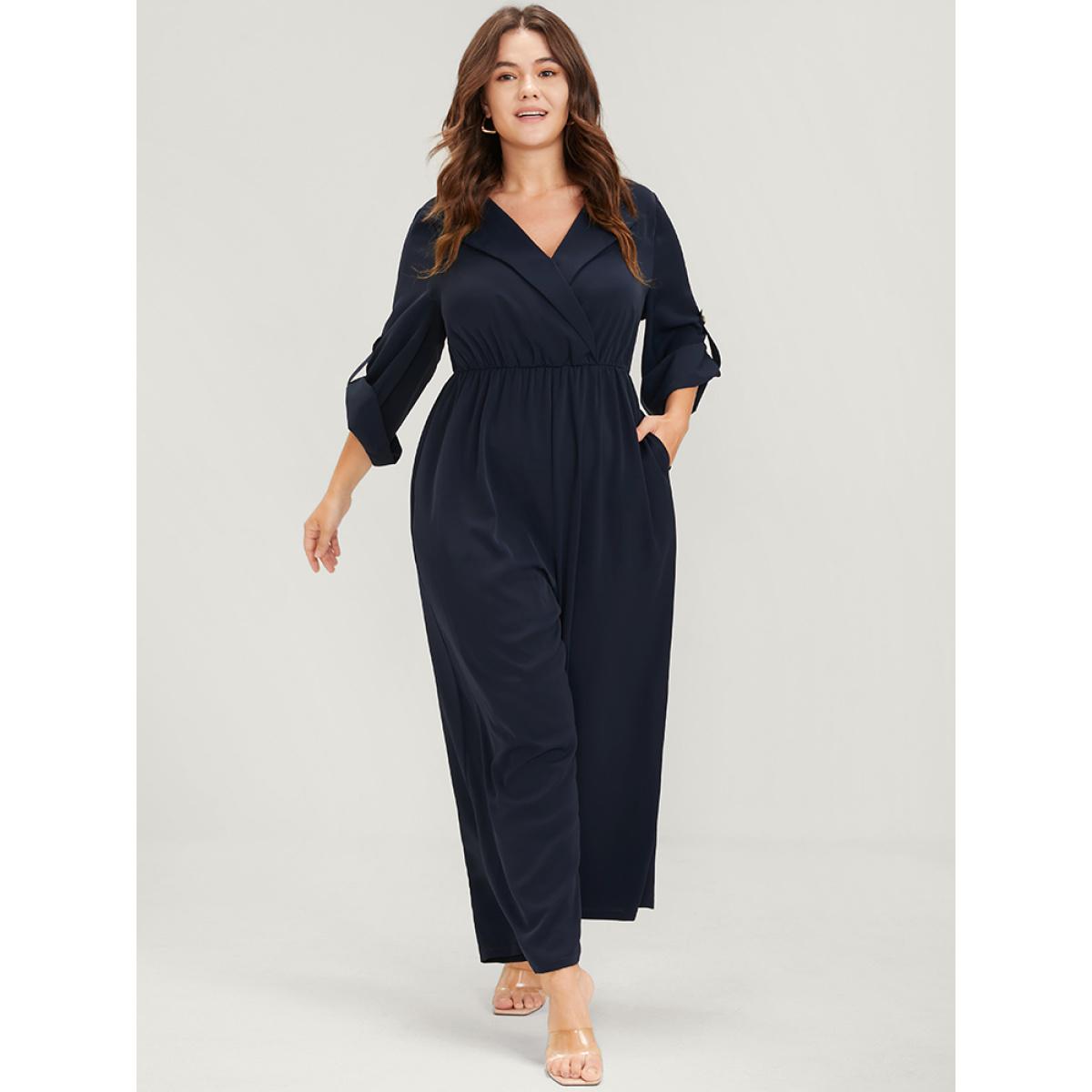 Plus Size DarkBlue Solid Pocket Button Cuffed Sleeve Suit Collar Jumpsuit Women Office Long Sleeve Suit Collar Work Loose Jumpsuits BloomChic 26/4X Product Image