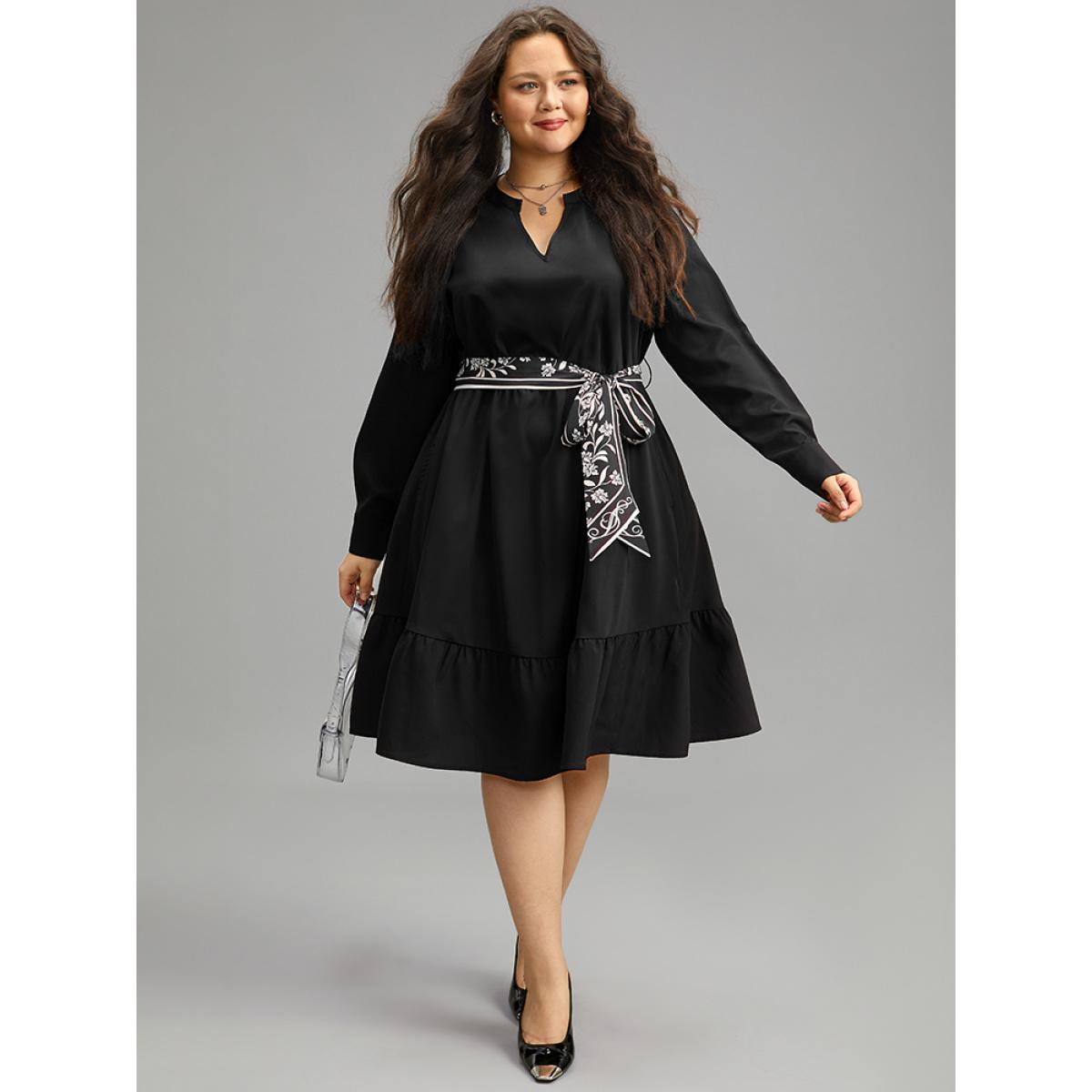 Plus Size Anti-Wrinkle Floral Print Belted Notched Dress Black Women At the Office Plain Notched collar Long Sleeve Curvy Knee Dress BloomChic 18-20/2X Product Image