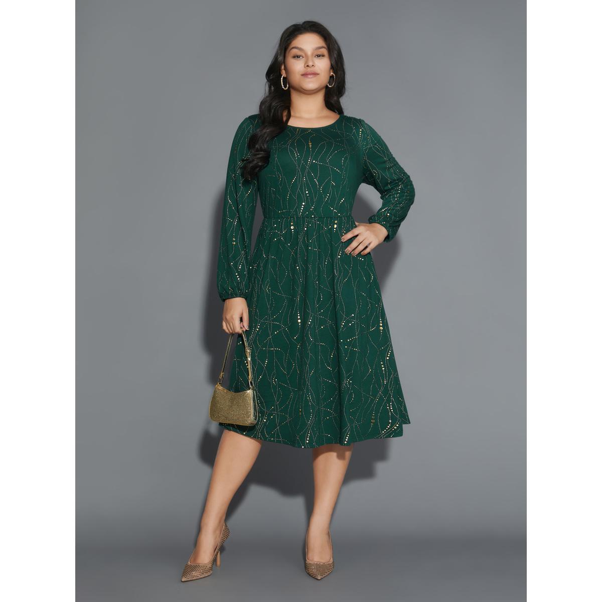 Plus Size Glitter Crew Neck Waist-Cinched Dress Truegreen Women Cocktail Texture Party Curvy Bloomchic 28/5X Product Image