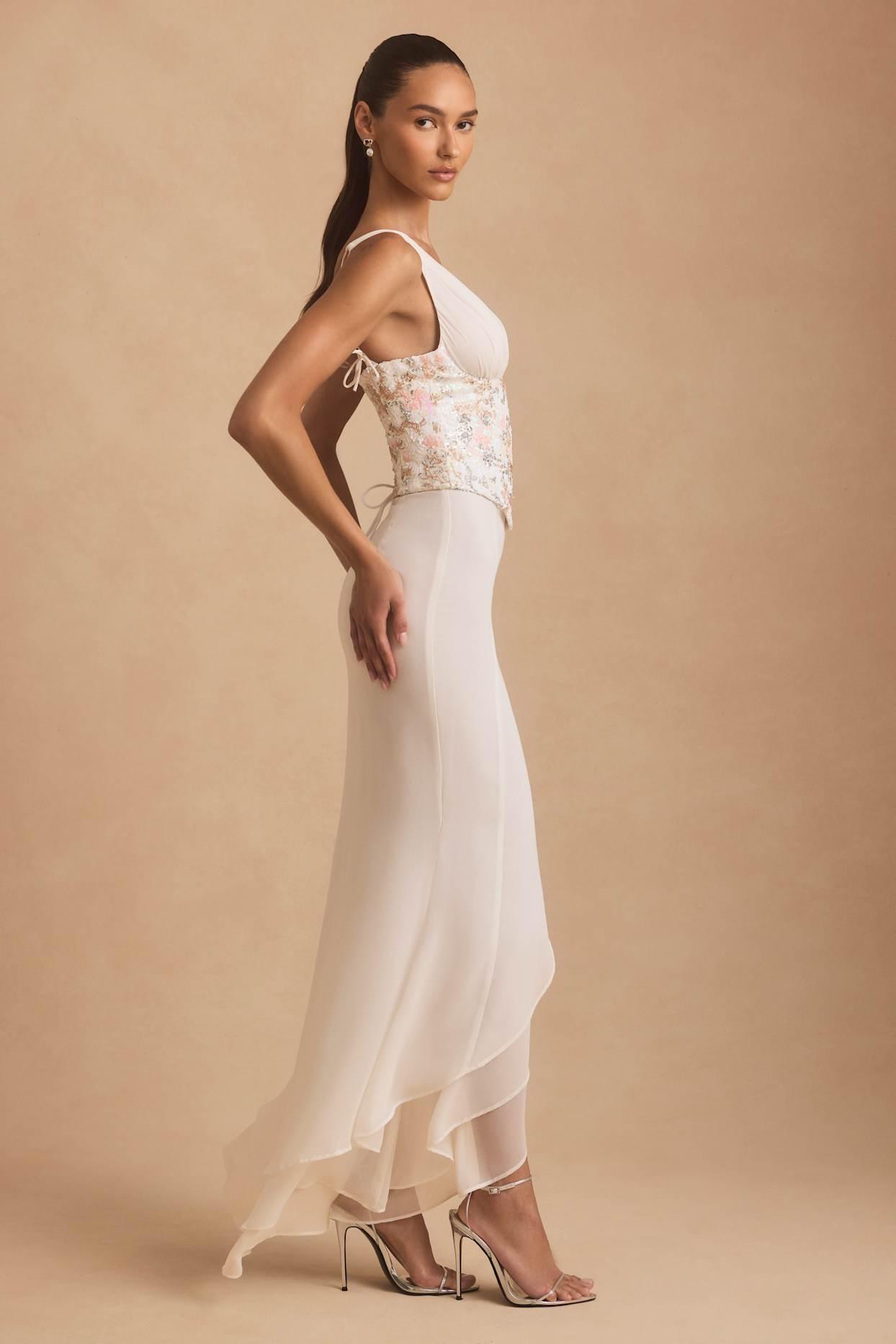 Embellished Plunge Ruffled Corset Maxi Dress in Ivory Product Image