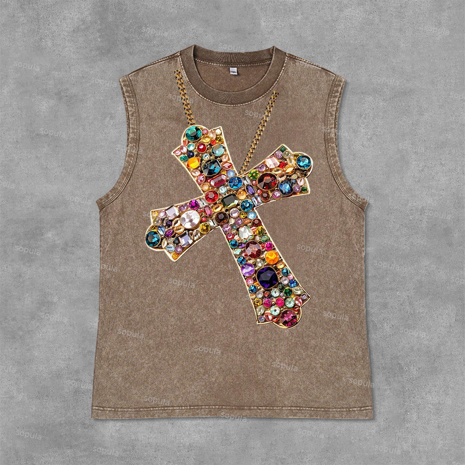 Diamond Cross Graphic Print Acid Washed Sleeveless Tank Top Product Image