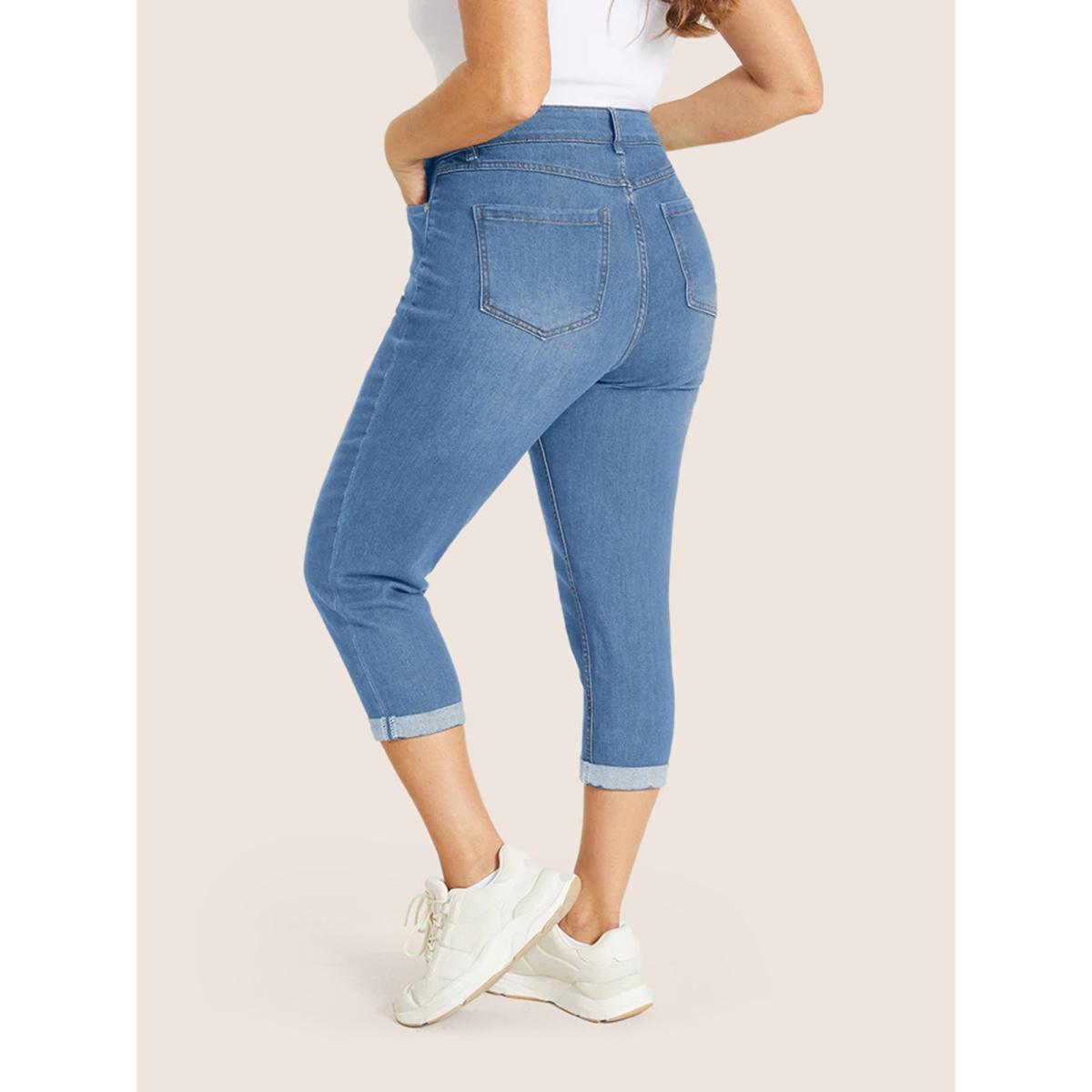 Plus Size Very Stretchy High Rise Dark Wash Cropped Jeans Women LightBlue Leisure Plain High stretch Slanted pocket Jeans BloomChic 16/1X Product Image