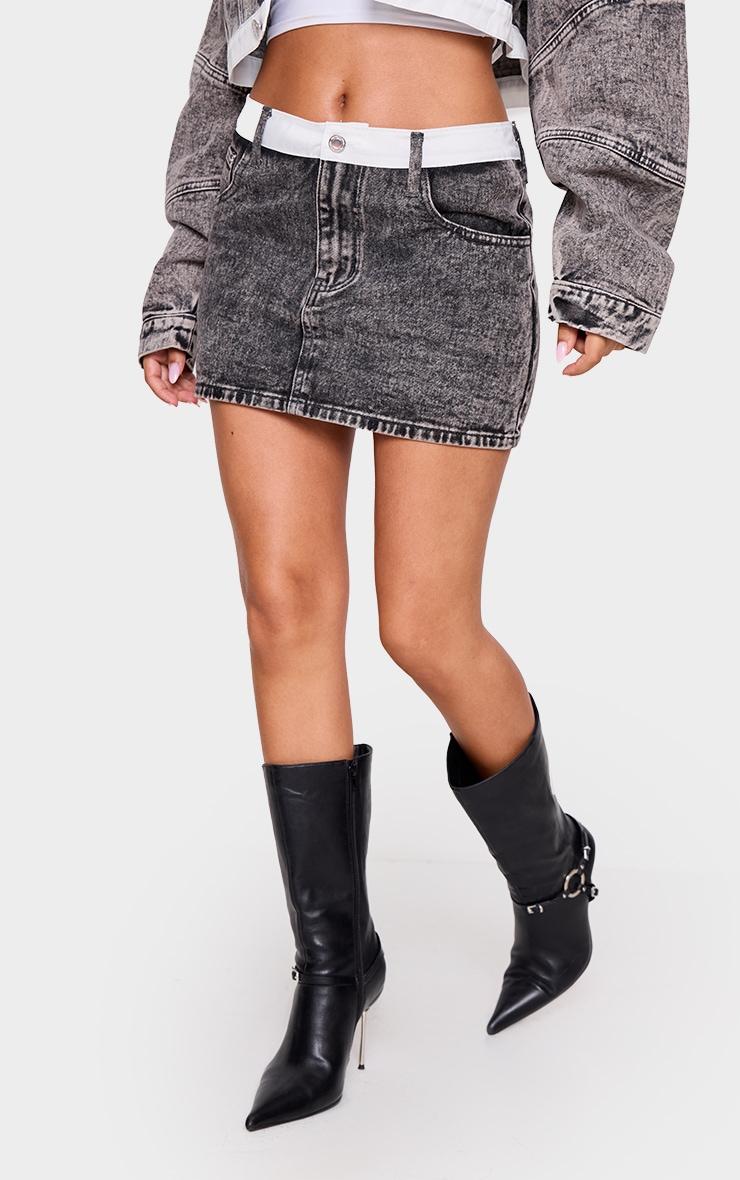 Petite Washed Grey Contrast Waistband Denim Mini Skirt Product Image