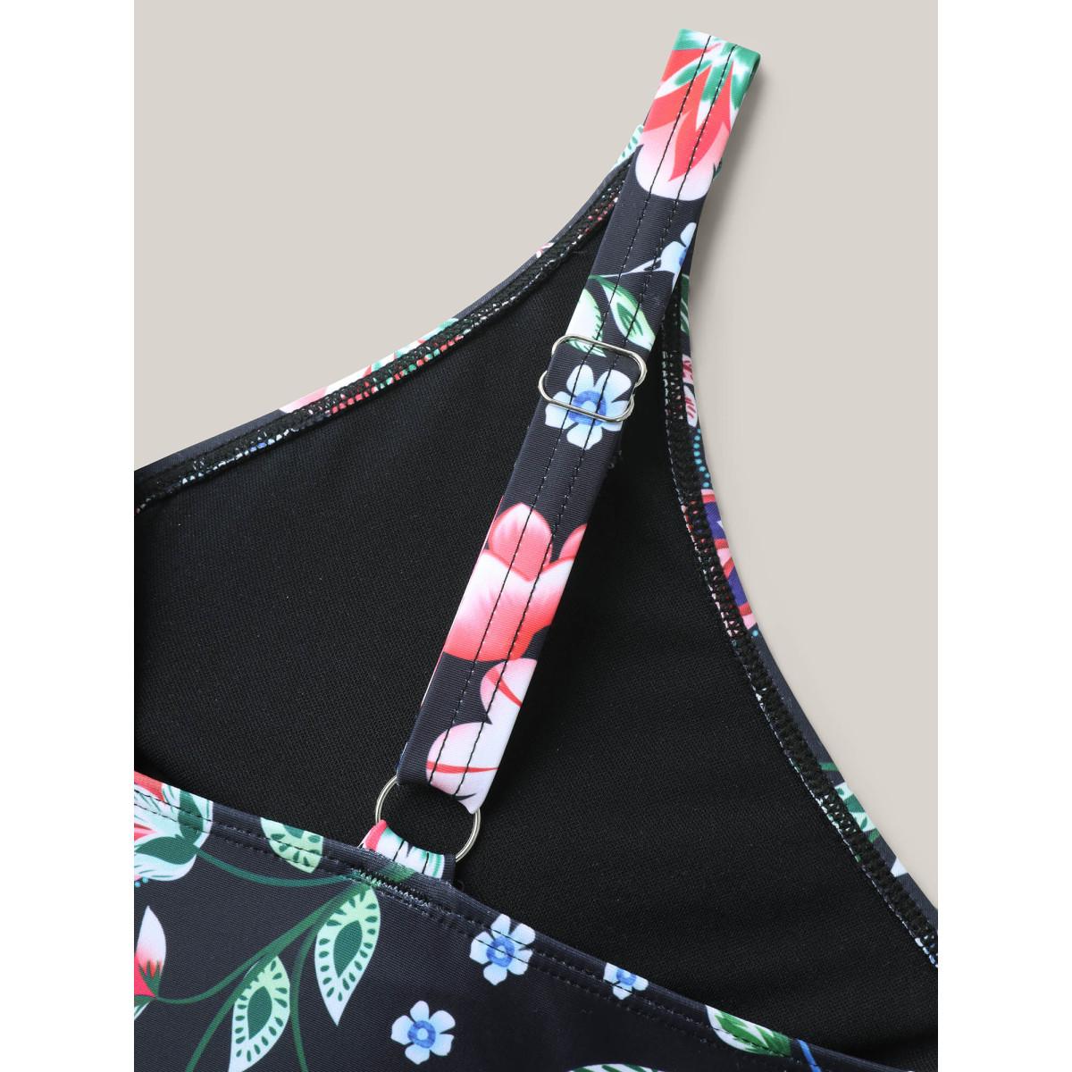 Plus Size Floral Print Surplice Neck Swim Dress Women's Swimwear Black Resort Bodycon Overlap Collar High stretch Curve Swim Dresses BloomChic 14-16/1X Product Image