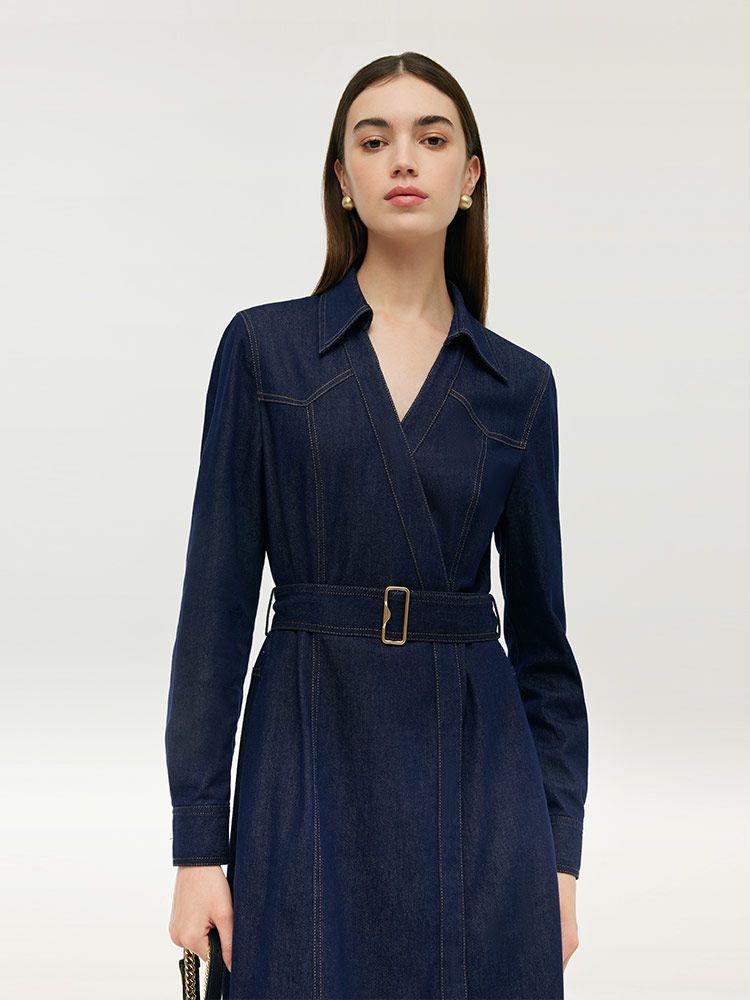 Denim Lapel Women Midi Dress With Belt Product Image