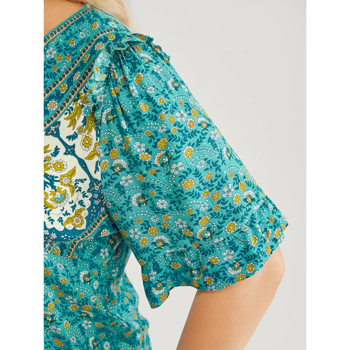 Plus Size Emerald Bandana Ruffle Trim Knot Front Button Detail Blouse Women Elegant Short sleeve V-neck Dailywear Blouses BloomChic 12/L Product Image