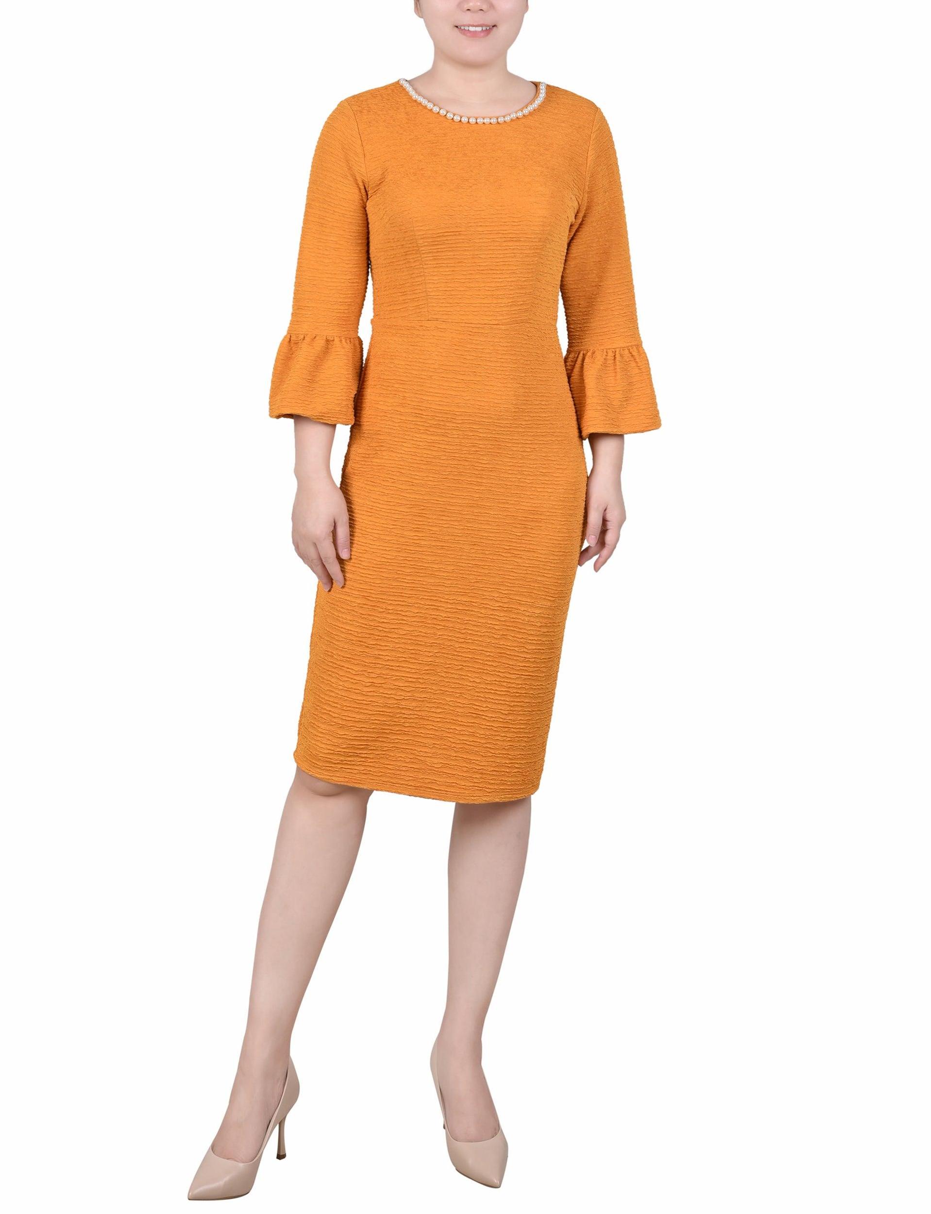 Mustard 3/4 Length Pearl Detail Dress Product Image