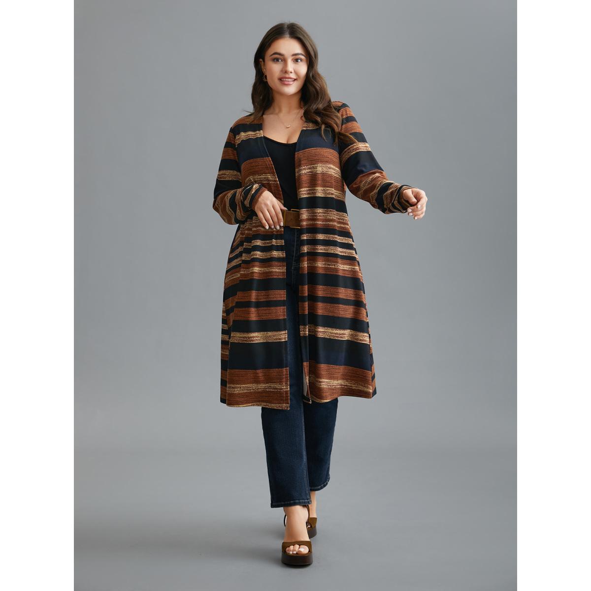 Plus Size Multi-Color Striped Open-Front Long Jacket Women Multicolor Contrast Loose Everyday Jackets BloomChic 10/M Product Image