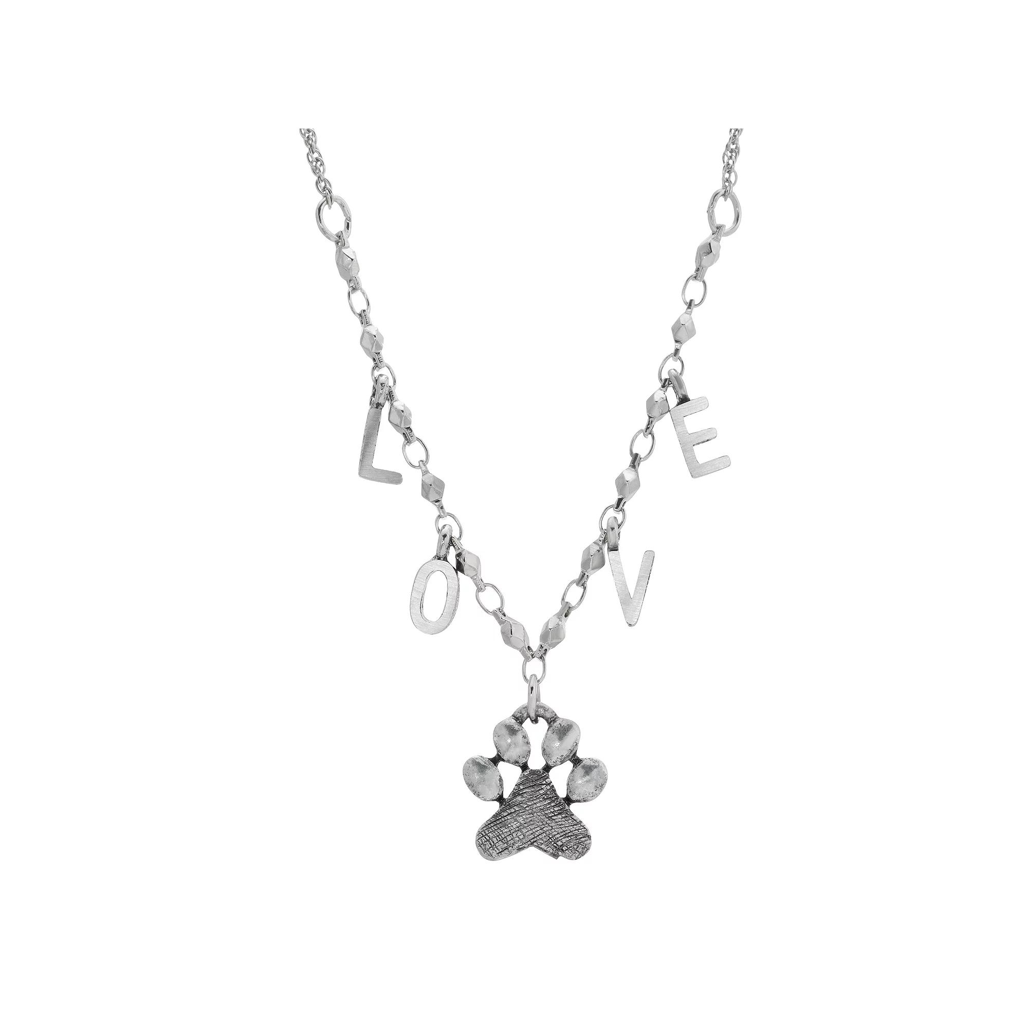 1928 Silver-Tone Pawprint Love Initials Necklace, Womens, Silver Tone Product Image