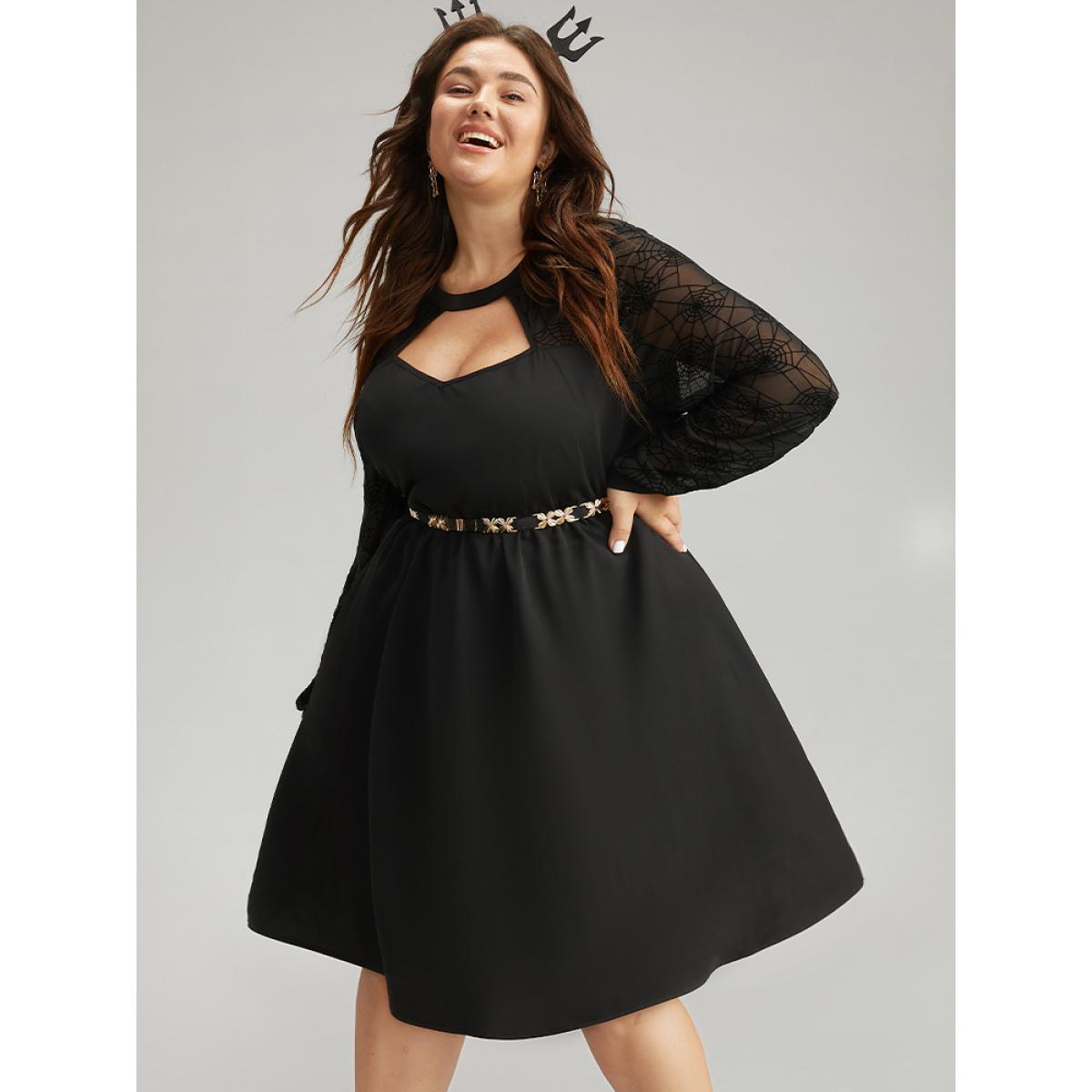 Plus Size Anti-Wrinkle Halloween Keyhole Mesh Pocket Dress Black Women Elegant See through Round Neck Long Sleeve Curvy Knee Dress BloomChic 14-16/1X Product Image