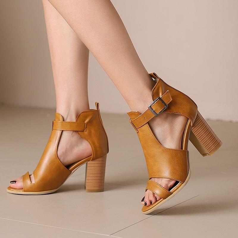 Chunky Heel Plain Cutout Buckled Faux Leather Sandals Product Image