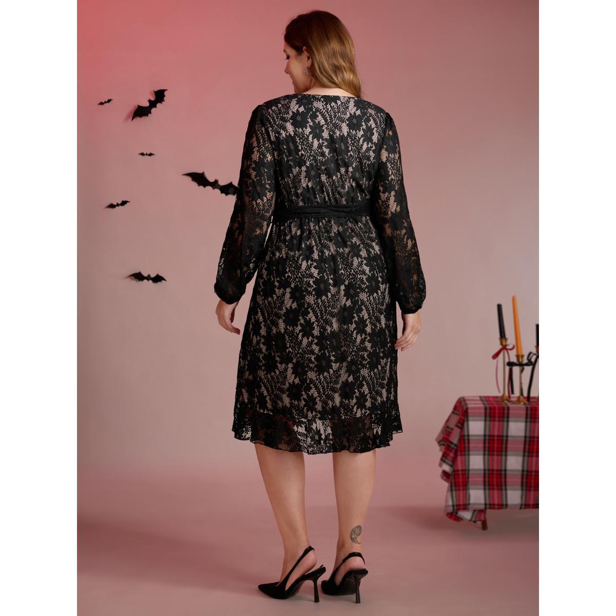 Plus Size Floral Lace Lined Wrap Belted Midi Dress Black Women Romantic Overlapping Overlap Collar Extra Long Sleeve Curvy BloomChic 14-16/1X Product Image