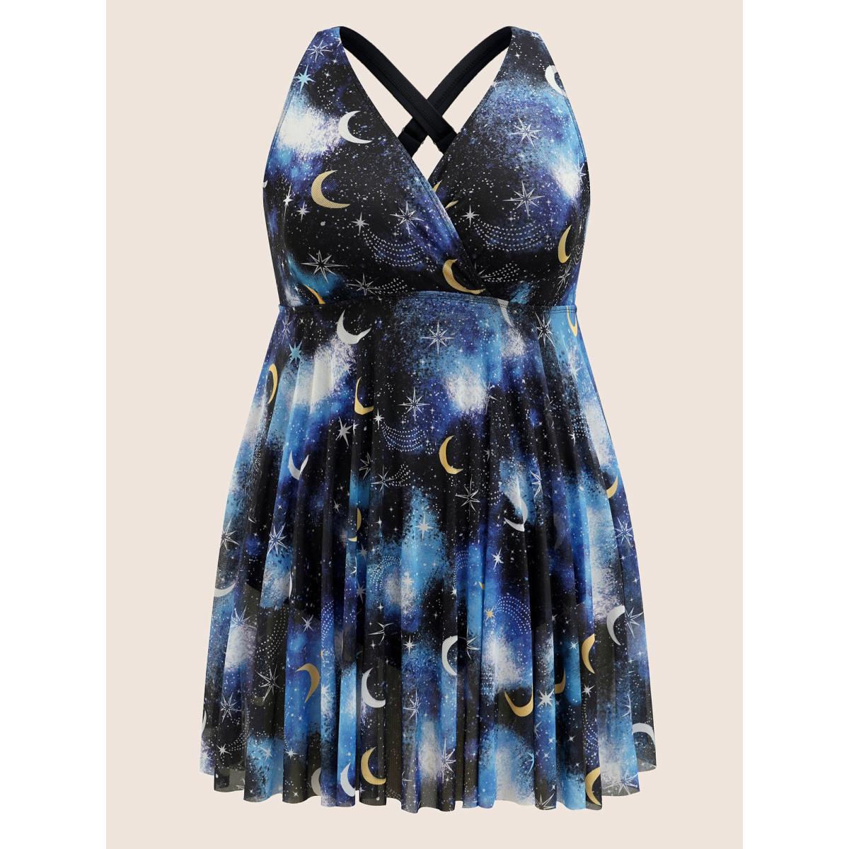 Plus Size Overlap Collar Star & Moon Mesh Swim Dress Women's Swimwear Black Beach Bodycon Overlap Collar High stretch Curve Swim Dresses BloomChic 10/M Product Image
