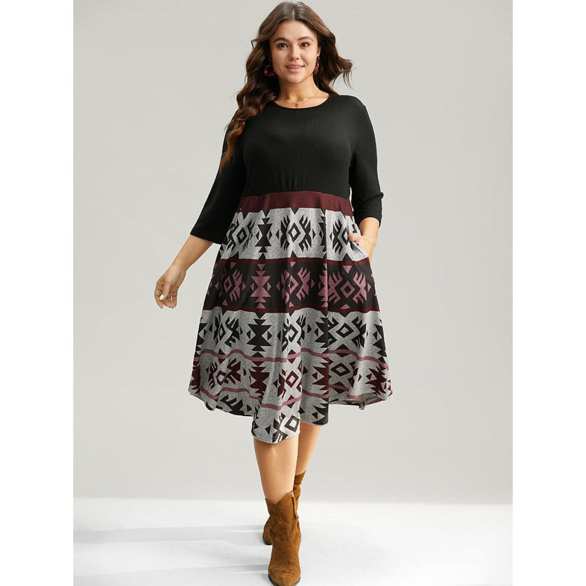 Plus Size Christmas Geometric Contrast Curved Hem Dress Black Women Casual Printed Round Neck Elbow-length sleeve Curvy Midi Dress BloomChic 14-16/1X Product Image