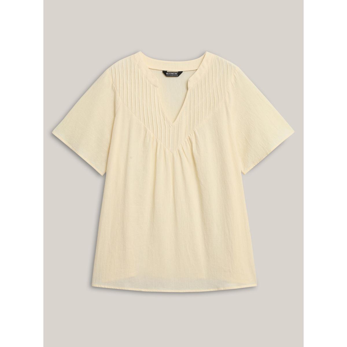 Plus Size Beige Cotton Stripe Neckline Notched Pleated Sheer Blouse Women Short sleeve Flat collar with V-notch Vacation Blouses BloomChic 12/L Product Image