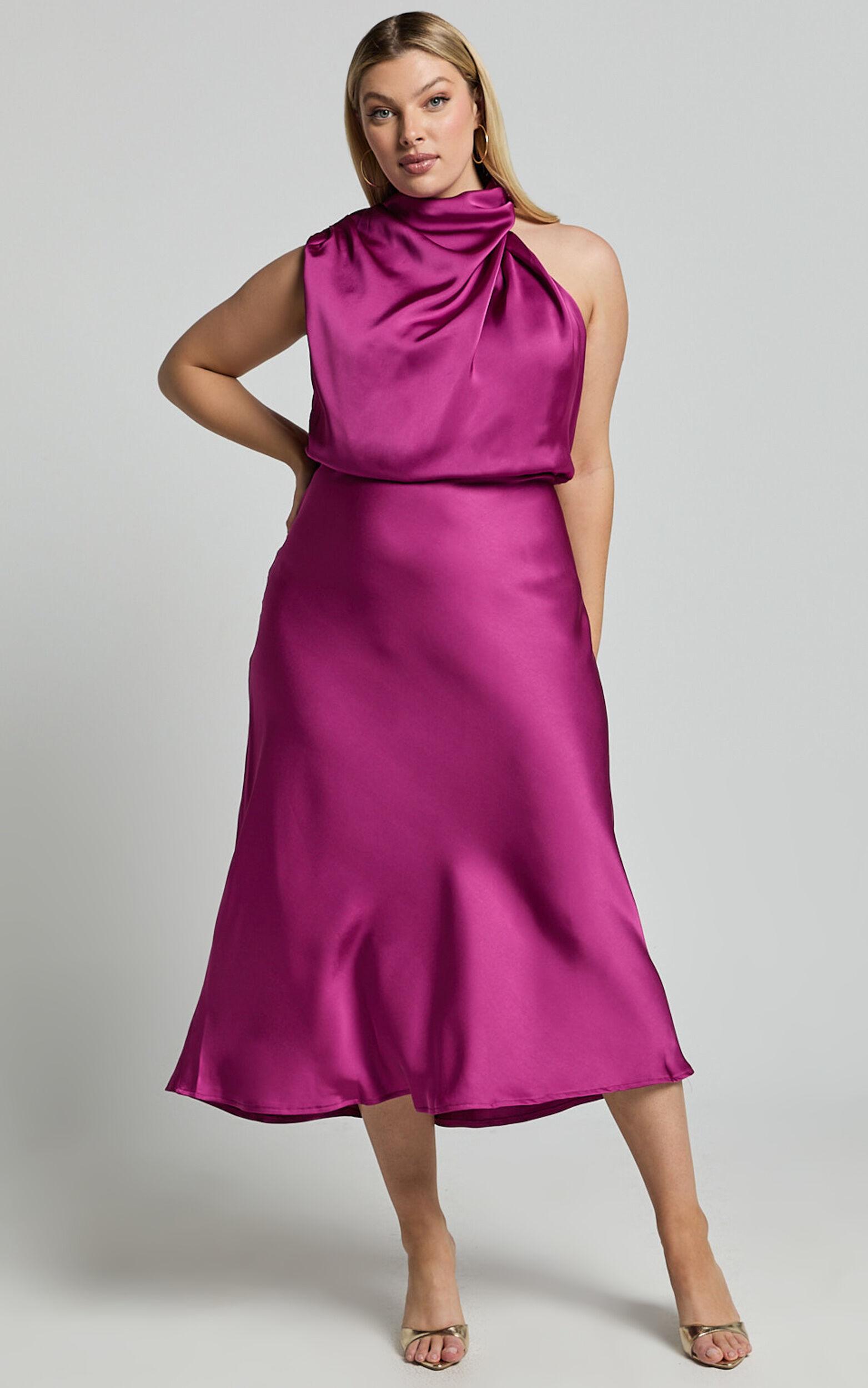 Minnie Midi Dress - Drape Neck Satin Slip Dress in Purple Product Image