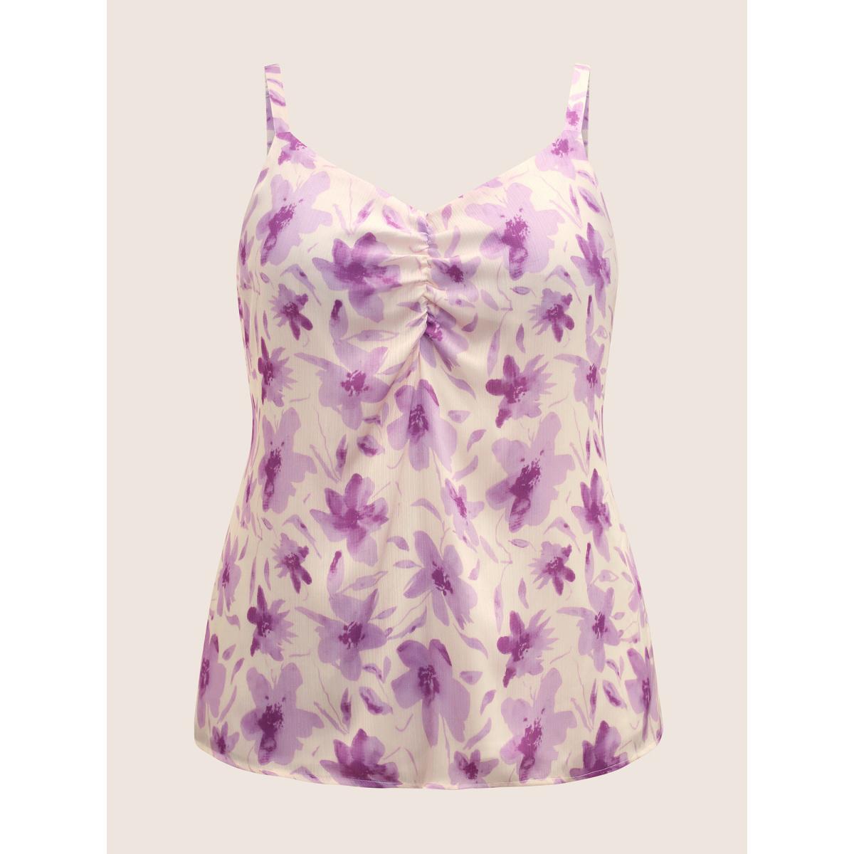 Plus Size Floral Print Ruched Split Hem Cami Top Women Ivory Elegant Contrast V-neck Everyday Tank Tops Camis BloomChic 10/M Product Image