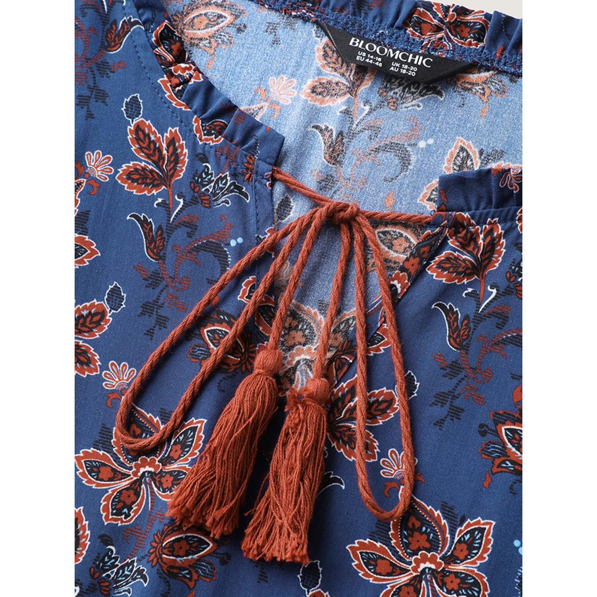 Plus Size Boho Floral Neck Tie Midi Dress DarkBlue Women Boho Notched collar Half Sleeve Curvy BloomChic 30/6X Product Image