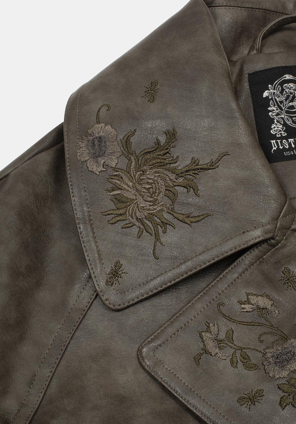 Fleux Embroidered Cropped Faux Leather Trench Jacket Product Image