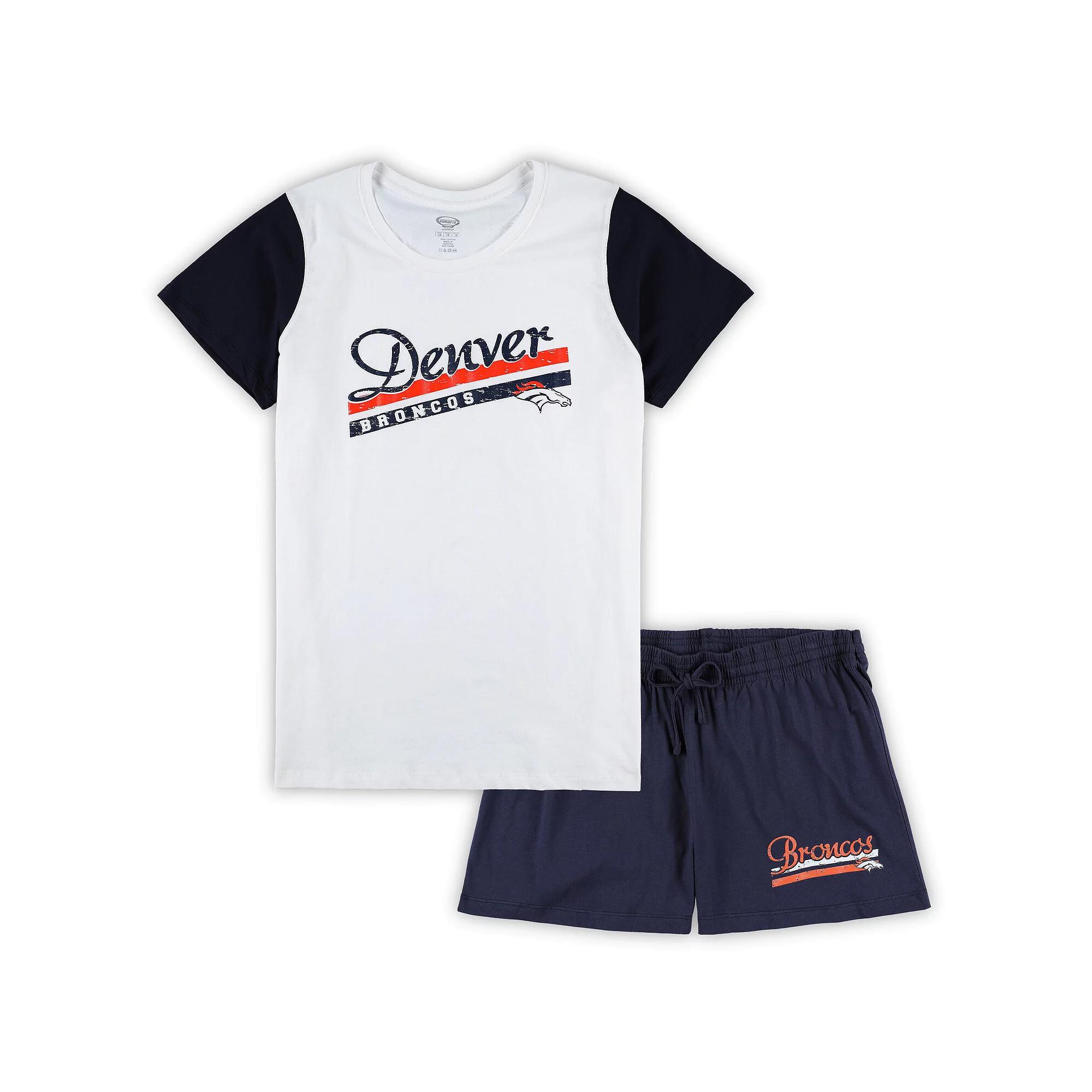 Women's Concepts Sport White/Navy Denver Broncos Plus Size Downfield T-Shirt & Shorts Sleep Set, Size: 3XL Product Image