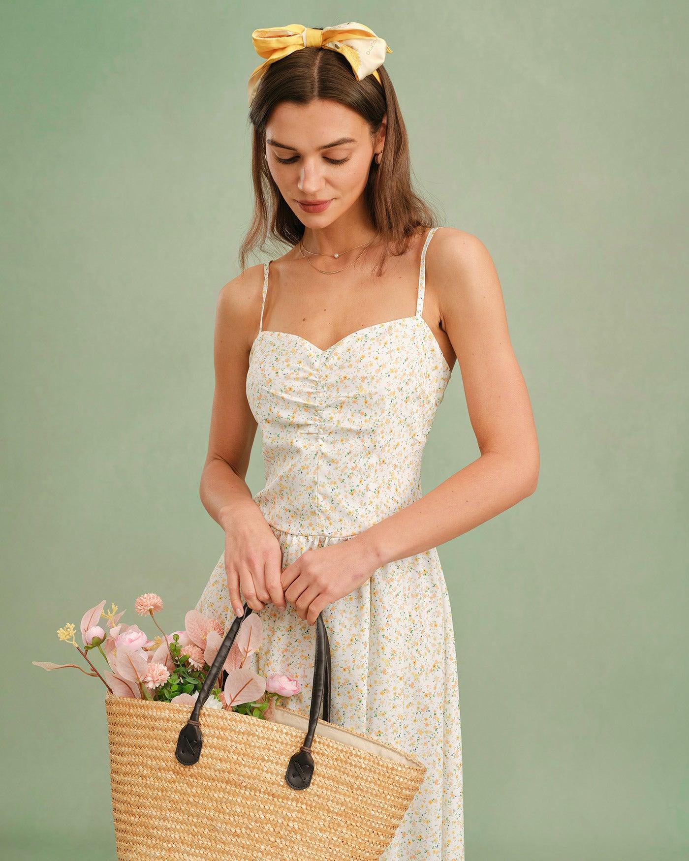 Yellow Sweetheart Neck Floral Slip Midi Dress Product Image
