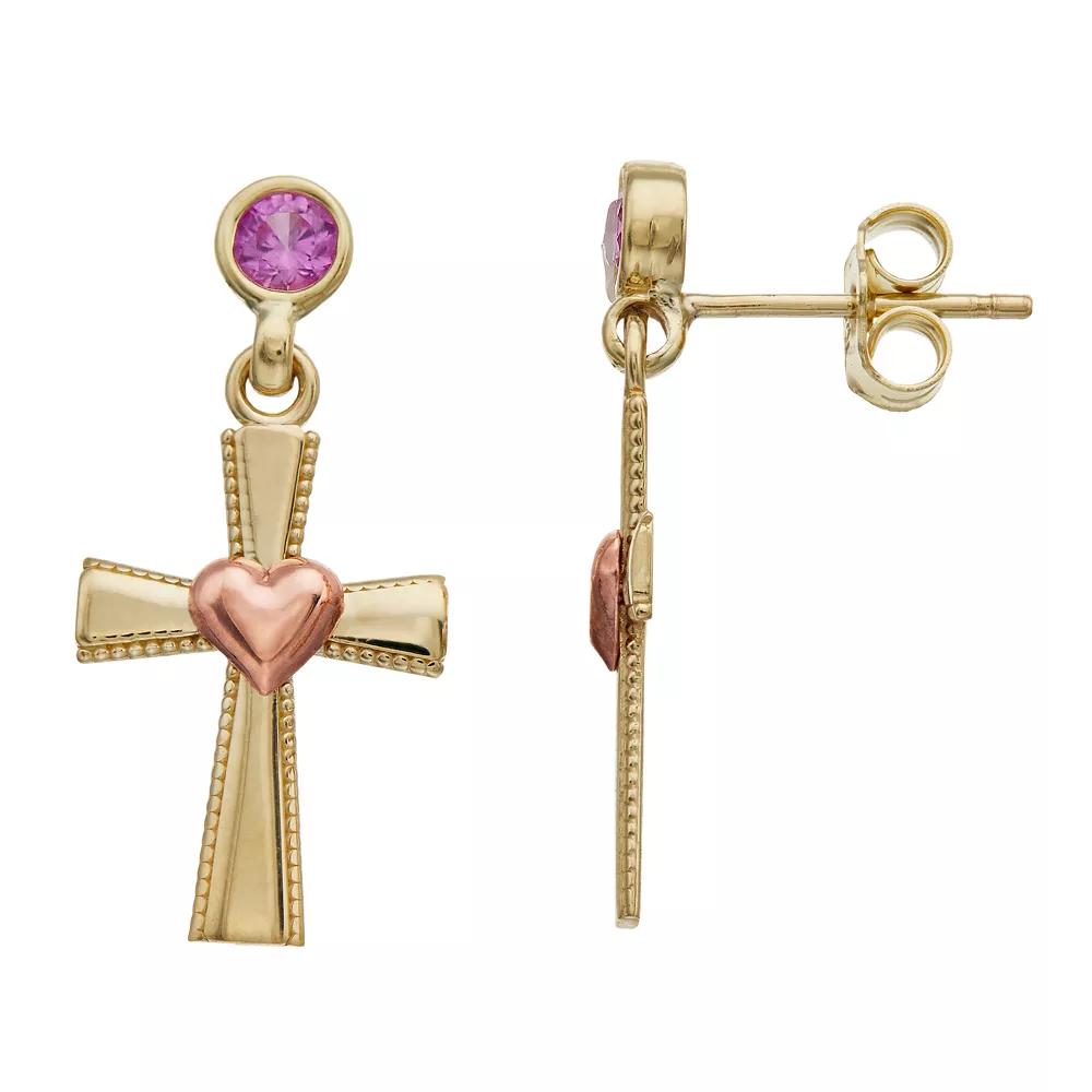Kristen Kesho 10k Gold Lab-Created Gemstone Birthstone Heart Cross Dangle Earrings, Womens Product Image