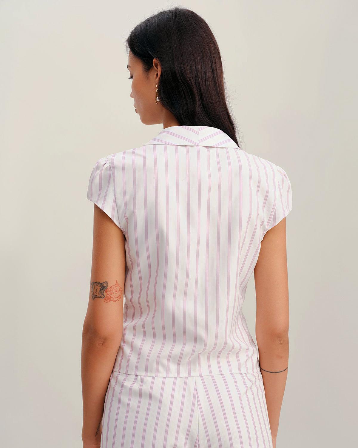 Pink Striped Cap Sleeve Button Blouse Product Image