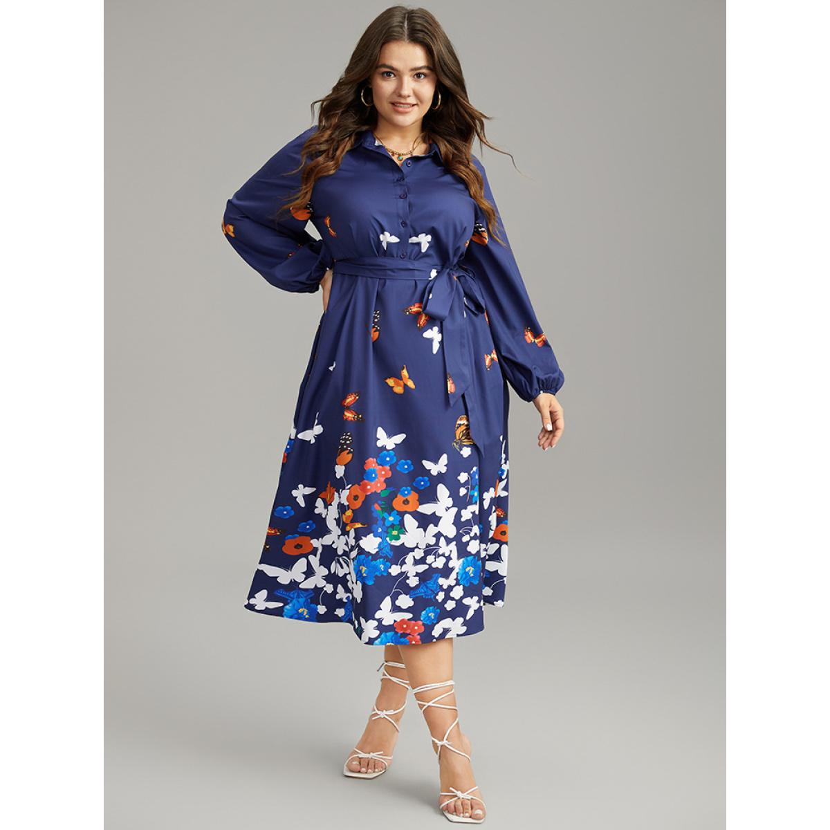Plus Size Butterfly Print Gathered Button Up Belted Dress Navy Women Vacation Elastic cuffs Shirt collar Long Sleeve Curvy Midi Dress BloomChic 12/L Product Image