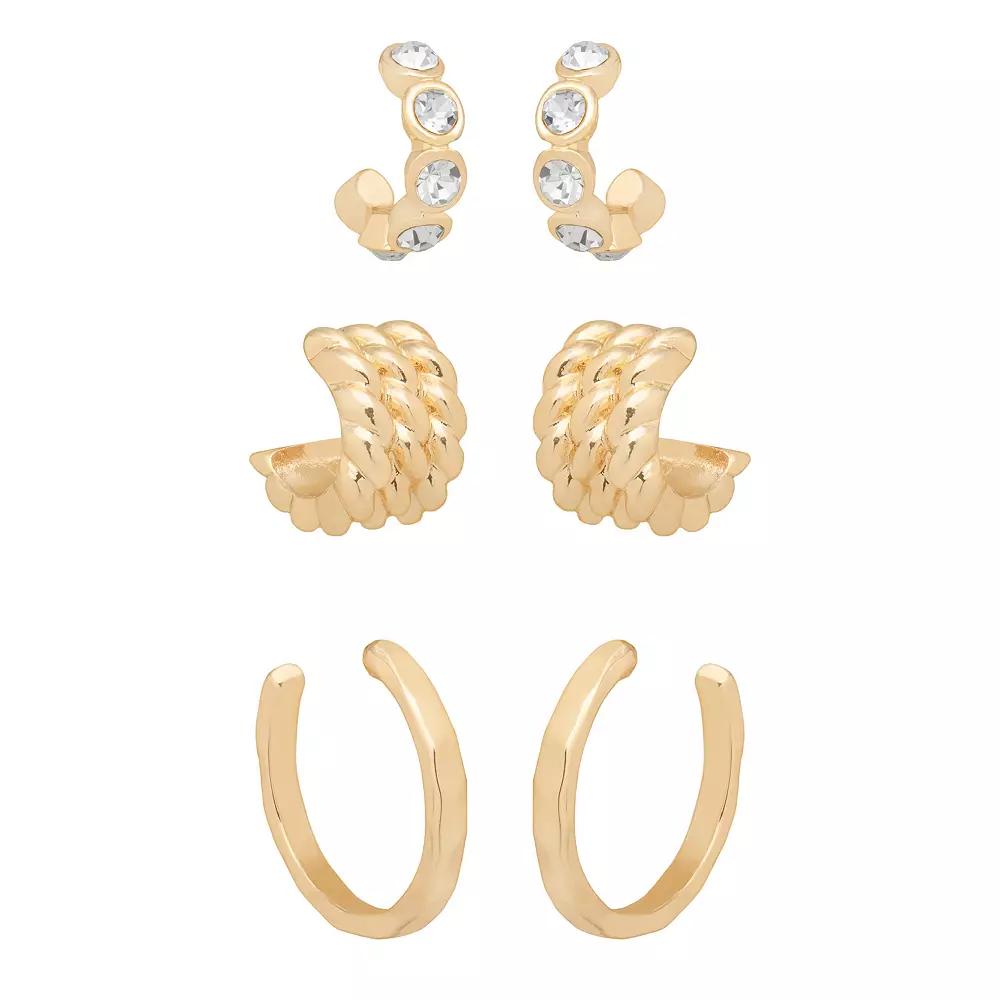 Emberly Gold Tone Hoop Earrings 3-Piece Set, Women's, Clear Product Image