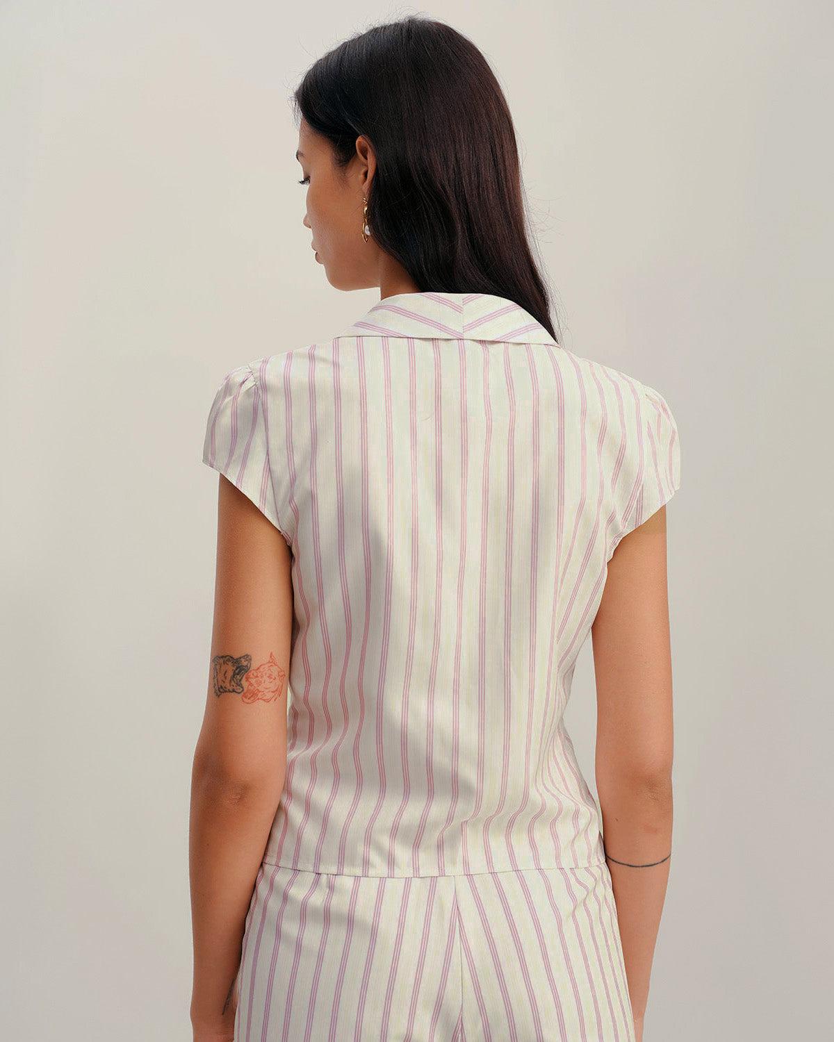 Pink Striped Cap Sleeve Button Blouse Product Image