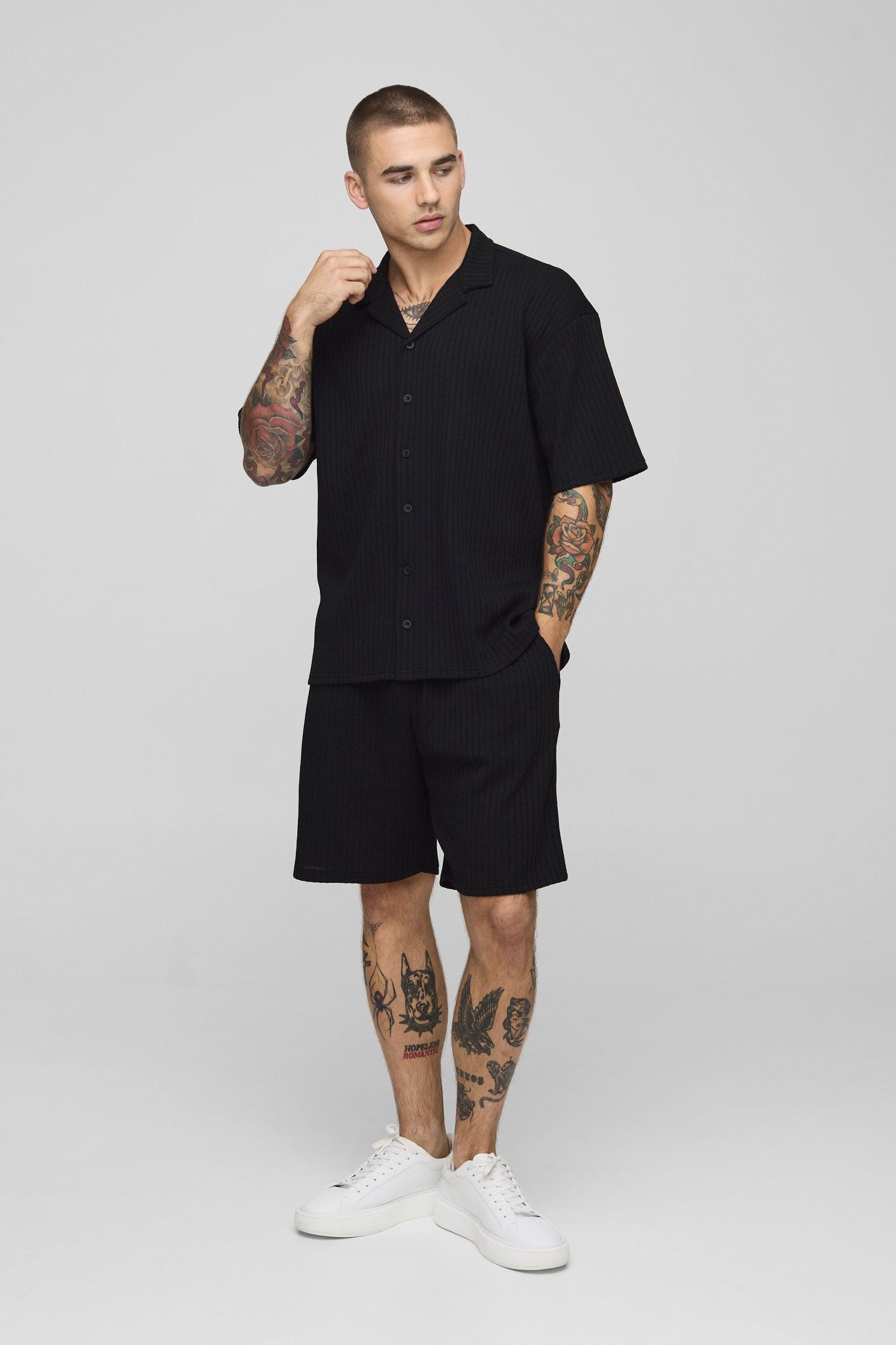 Oversized Textured Ribbed Jersey Shirt and Shorts Set | boohooMAN USA Product Image