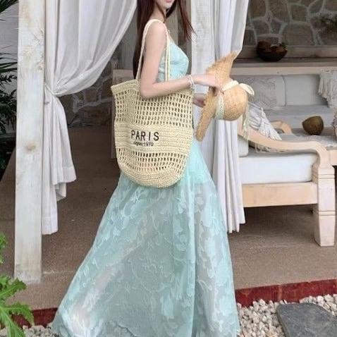 Spaghetti Strap Scoop Neck Floral Sheer Panel Maxi A-Line Dress Product Image