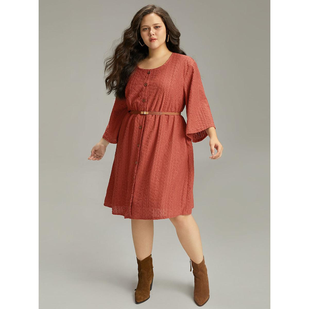 Plus Size Broderie Anglaise Button Through Pocket Dress Rust Women Casual Texture Round Neck Long Sleeve Curvy Knee Dress BloomChic 26/4X Product Image