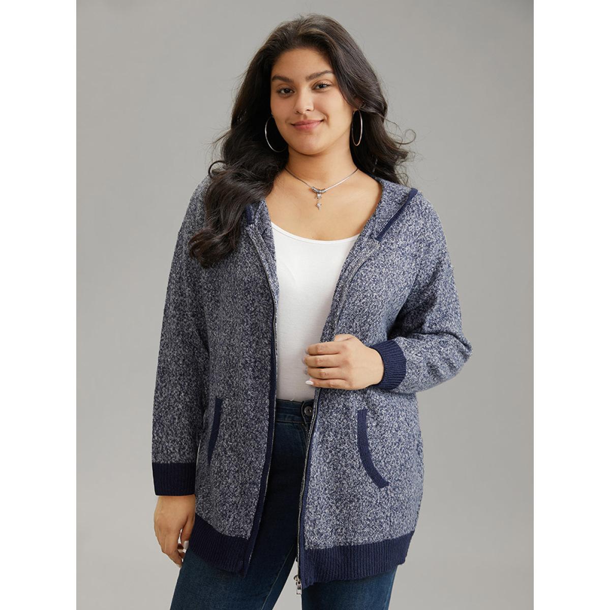 Plus Size Supersoft Essentials Contrast Trim Heather Pocket Zipper Cardigan Midnight Women Casual Loose Long Sleeve Dailywear Cardigans BloomChic 22-24/3X Product Image