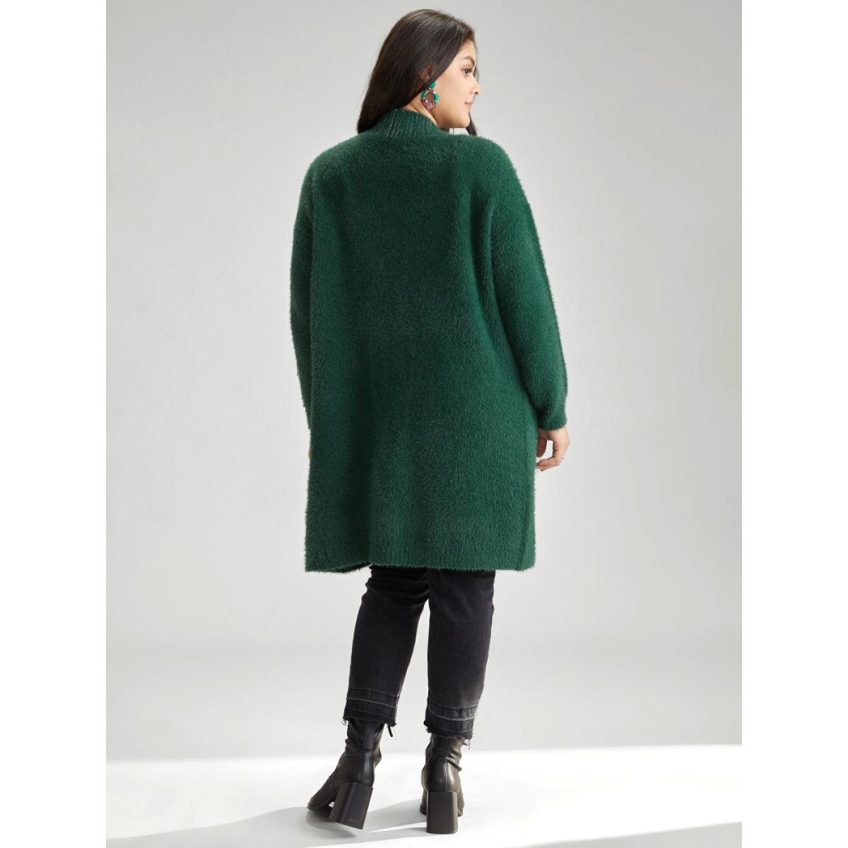 Plus Size Lurex Fuzzy Patched Pocket Tunic Cardigan DarkGreen Women Casual Loose Long Sleeve Dailywear Cardigans BloomChic 10/M Product Image