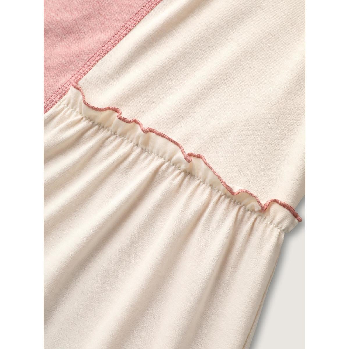 Plus Size Color Contrast High Low Hem T-Shirt Nudepink Women Gathered Round Neck Everyday-Casual T-shirts BloomChic 22-24/3X Product Image