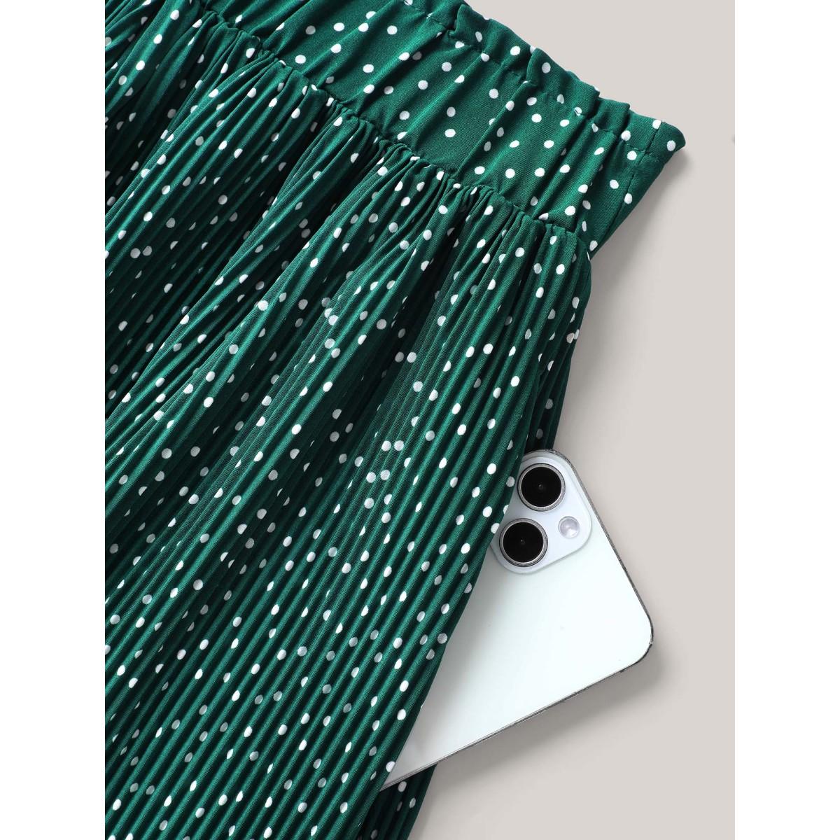 Plus Size Fine Dots Print Smocked Waist Midi Skirt Women DarkGreen Elegant Pleated Bodycon Low stretch Side seam pocket Everyday-Elegant Skirts BloomChic 10/M Product Image