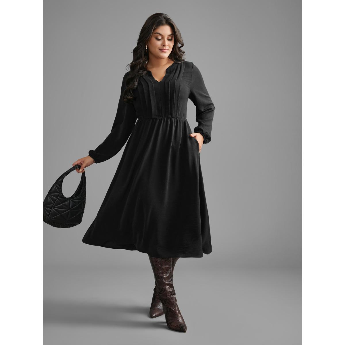 Plus Size Plain Notched Pleated Midi Dress Black Women At the Office Pleated Flat collar Long Sleeve Curvy BloomChic 14-16/1X Product Image